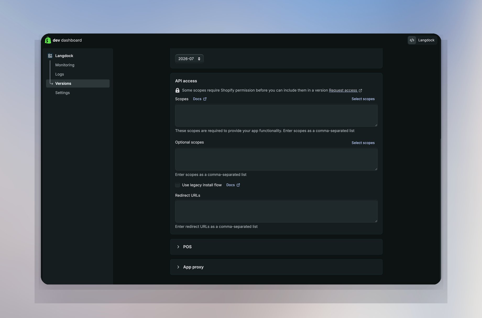 API access settings with Scopes and Redirect URLs fields