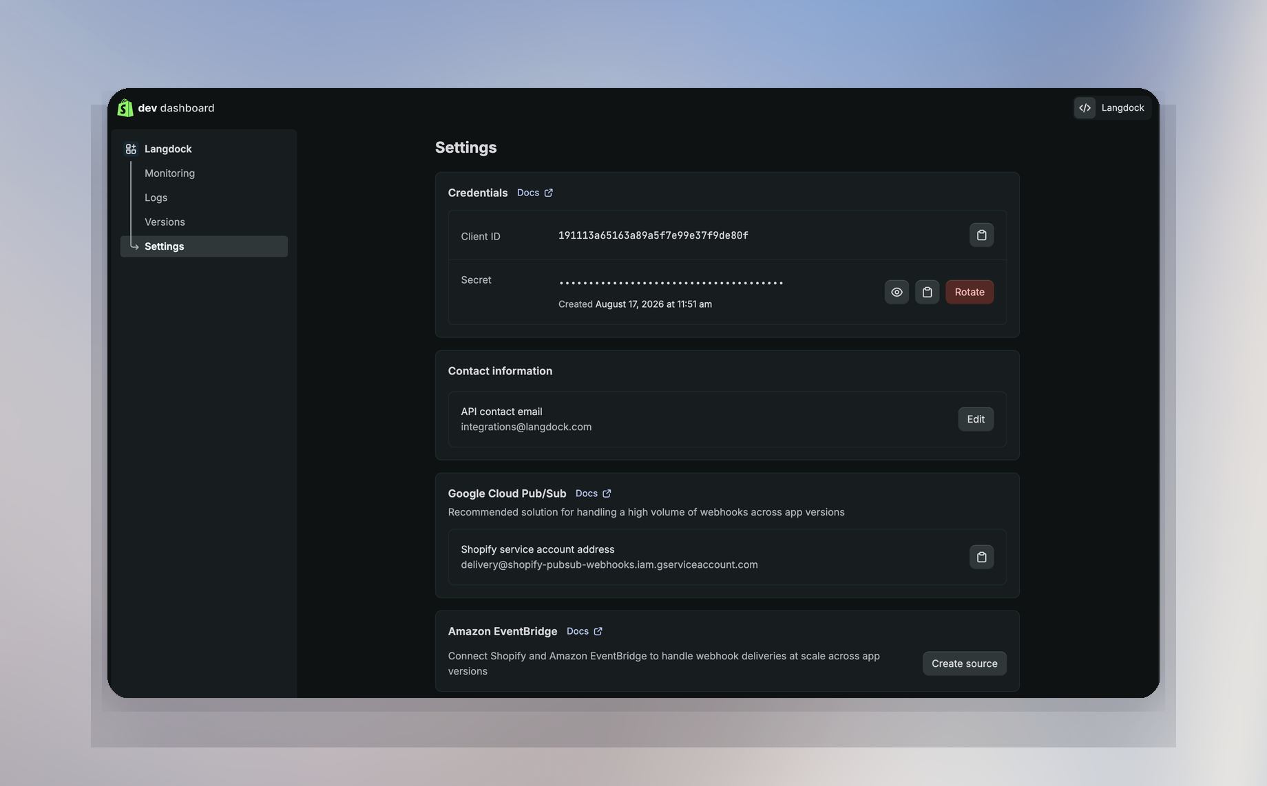 App Settings page showing Client ID and Client secret