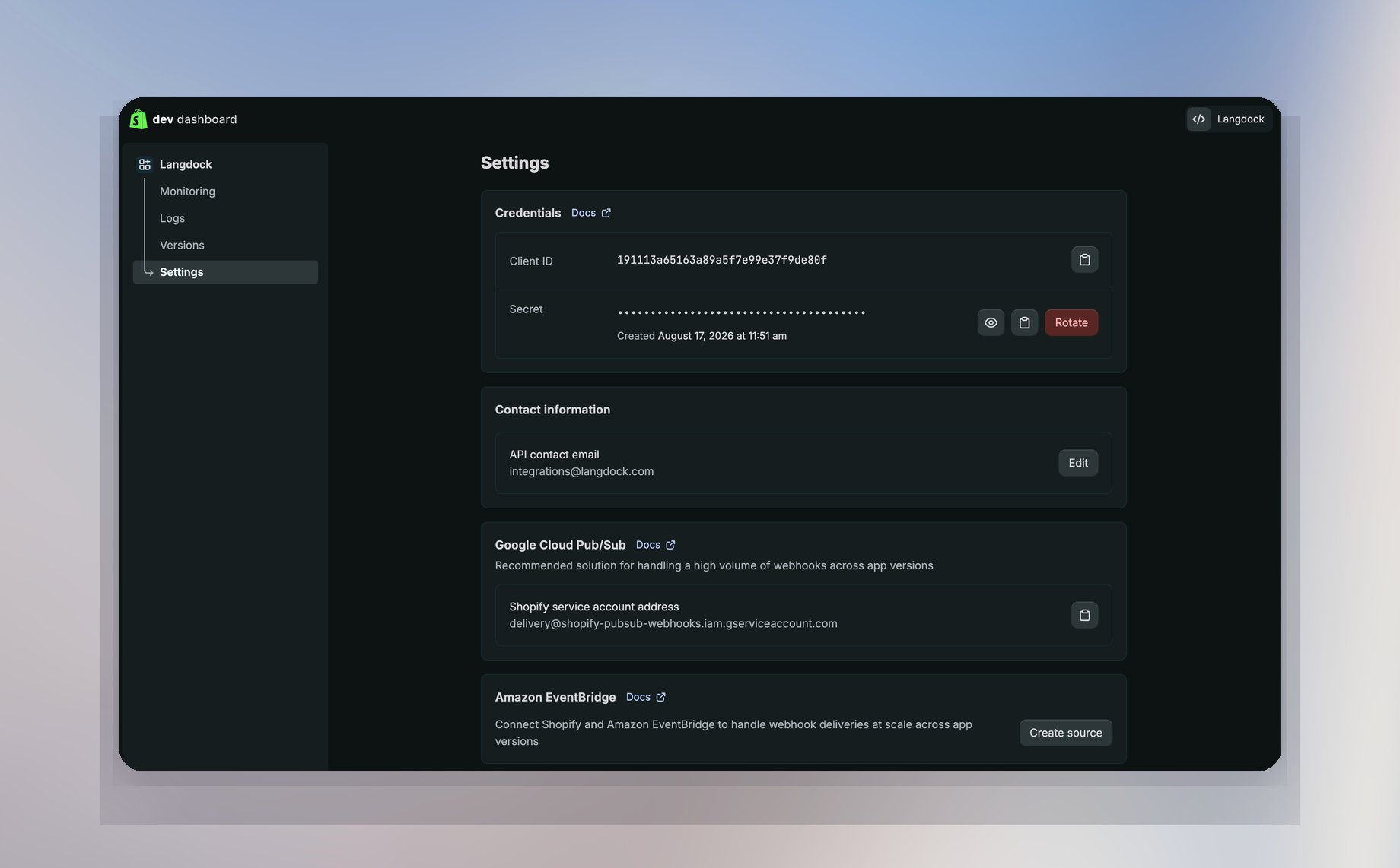 App Settings page showing Client ID and Client secret