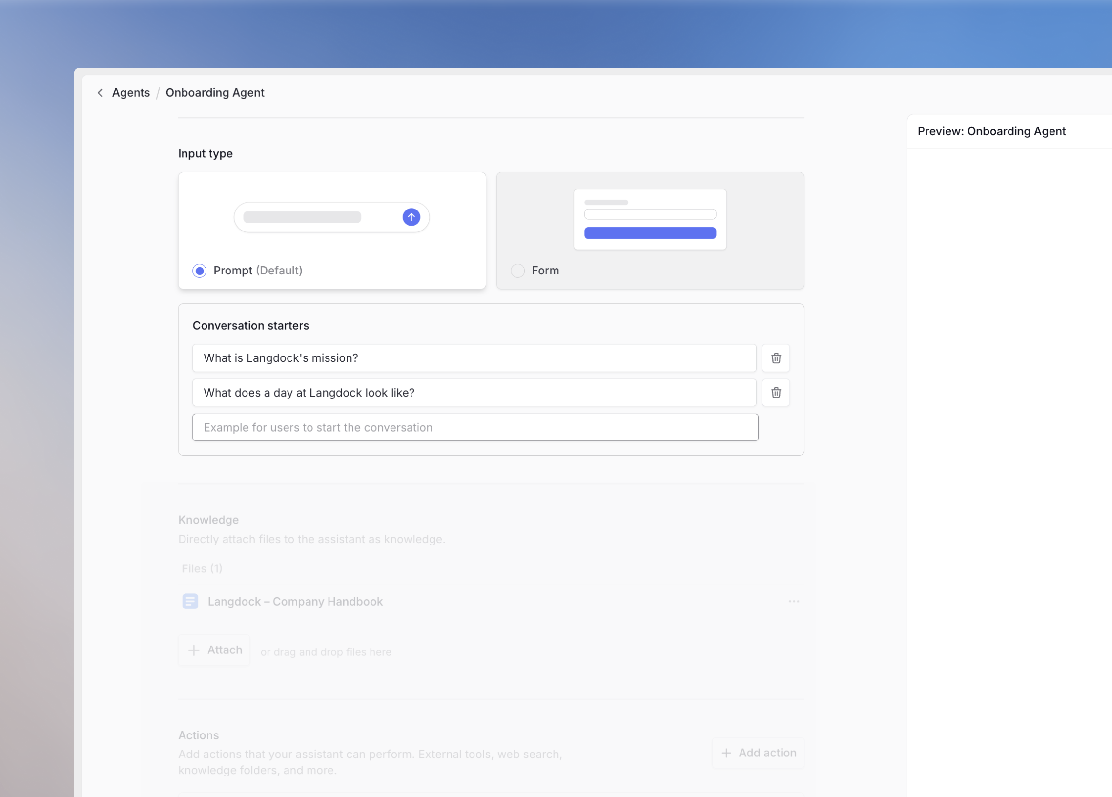 Agent configuration: Add conversation starters to make the first message easier when using an agent