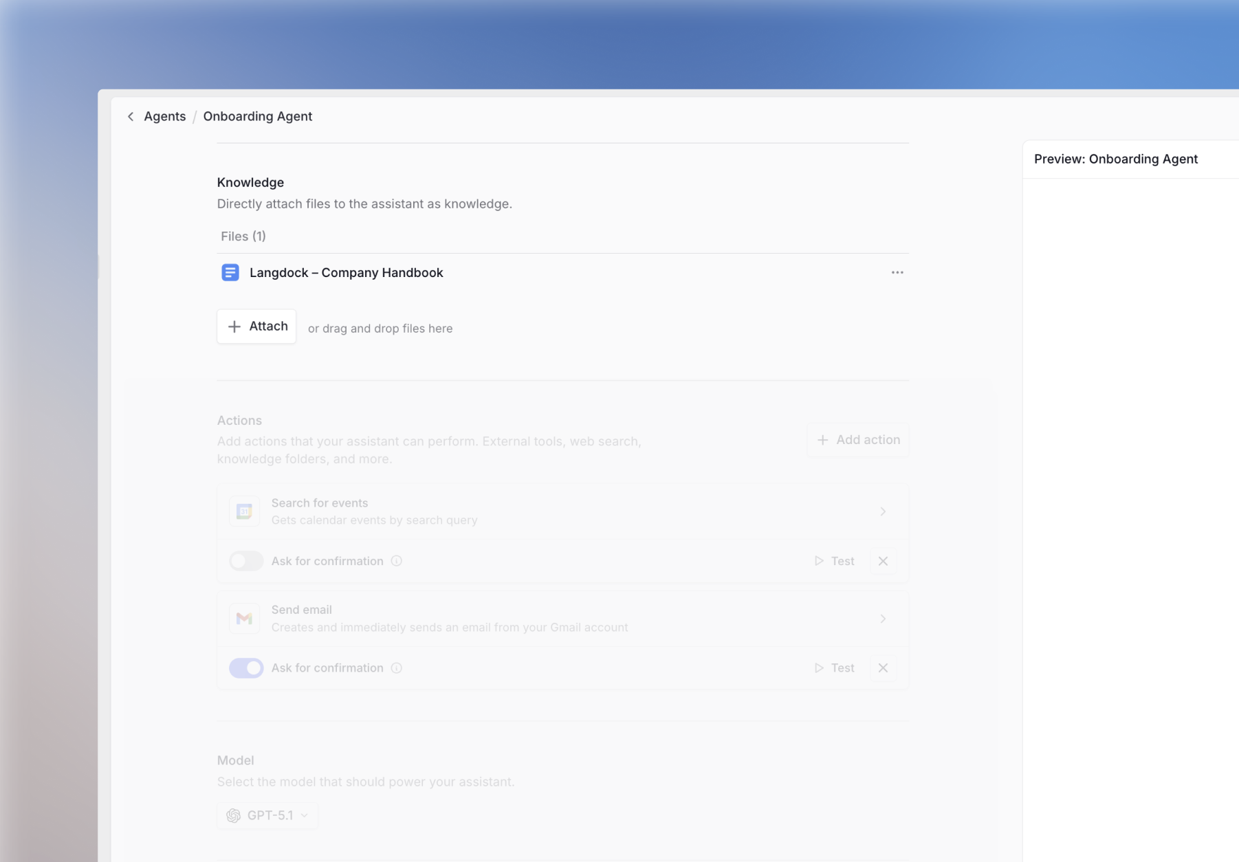 Agent configuration: Add knowledge to the Agent as additional knowledge and source