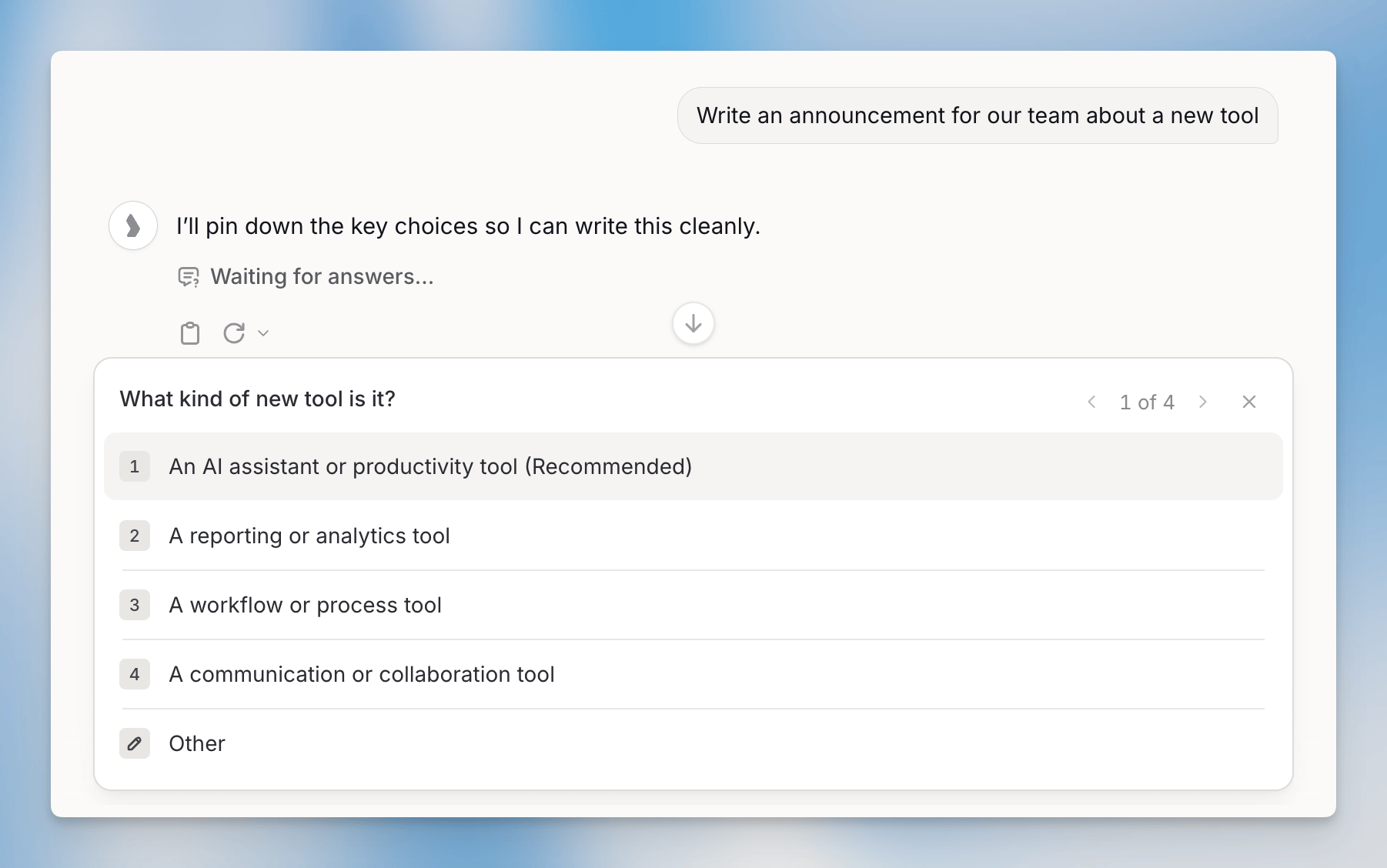 Guided clarifying questions in chat