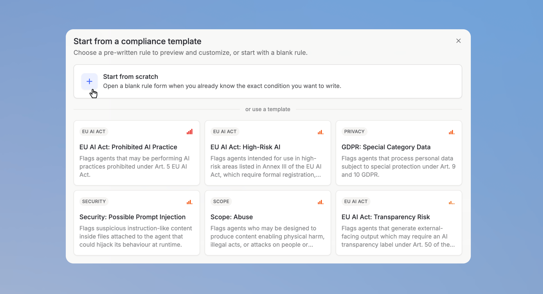 Template picker for new compliance rules with Start from scratch and pre-written templates like EU AI Act and GDPR