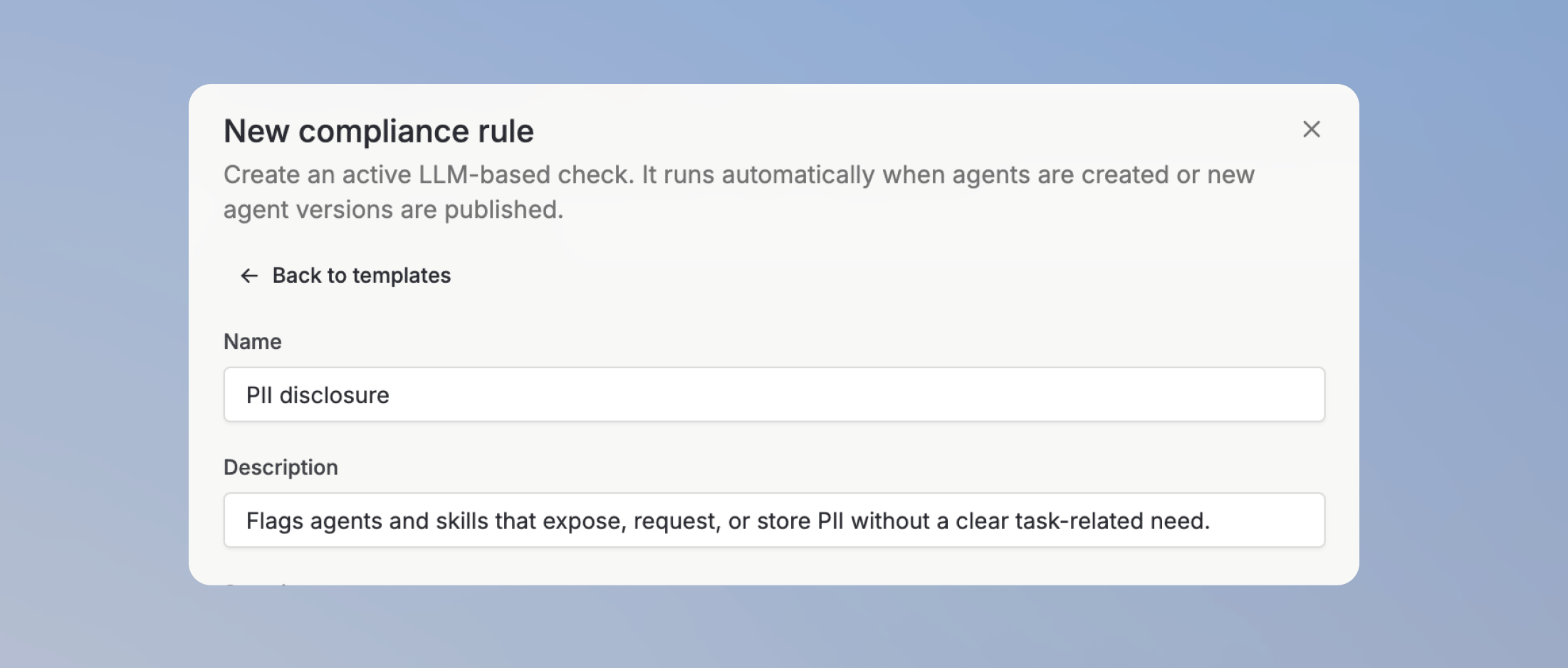 New compliance rule dialog with name and description fields