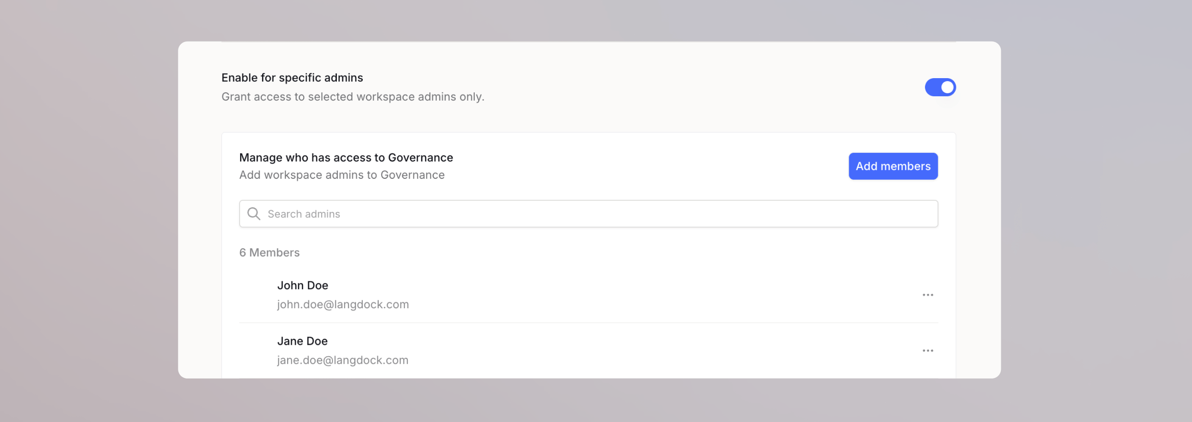 Enable for specific admins toggle with the member list for managing who has access to Governance