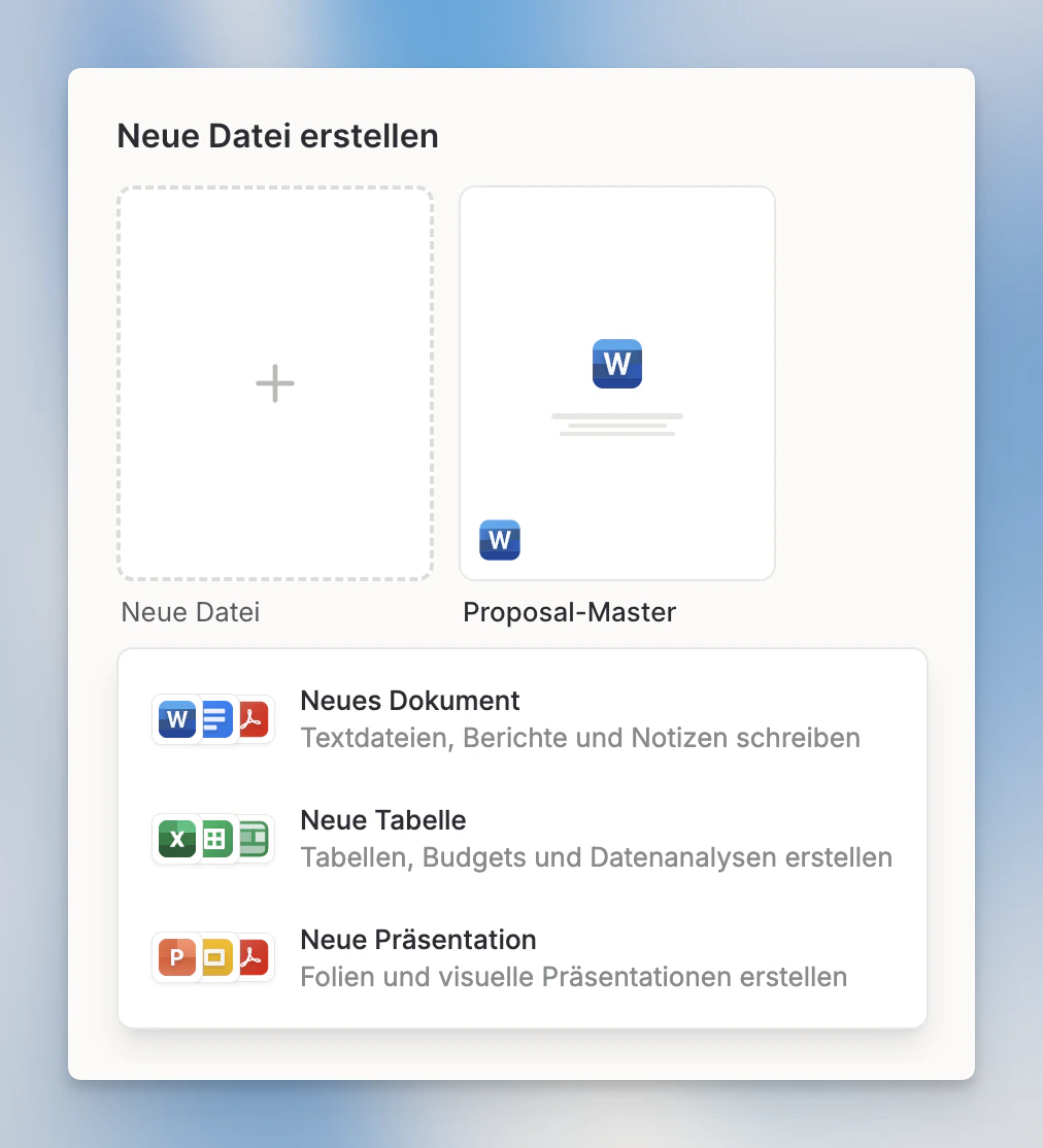 Der Bereich Neue Datei erstellen mit den Optionen Neues Dokument, Neue Tabelle und Neue Präsentation sowie einer Vorlagenzeile darunter