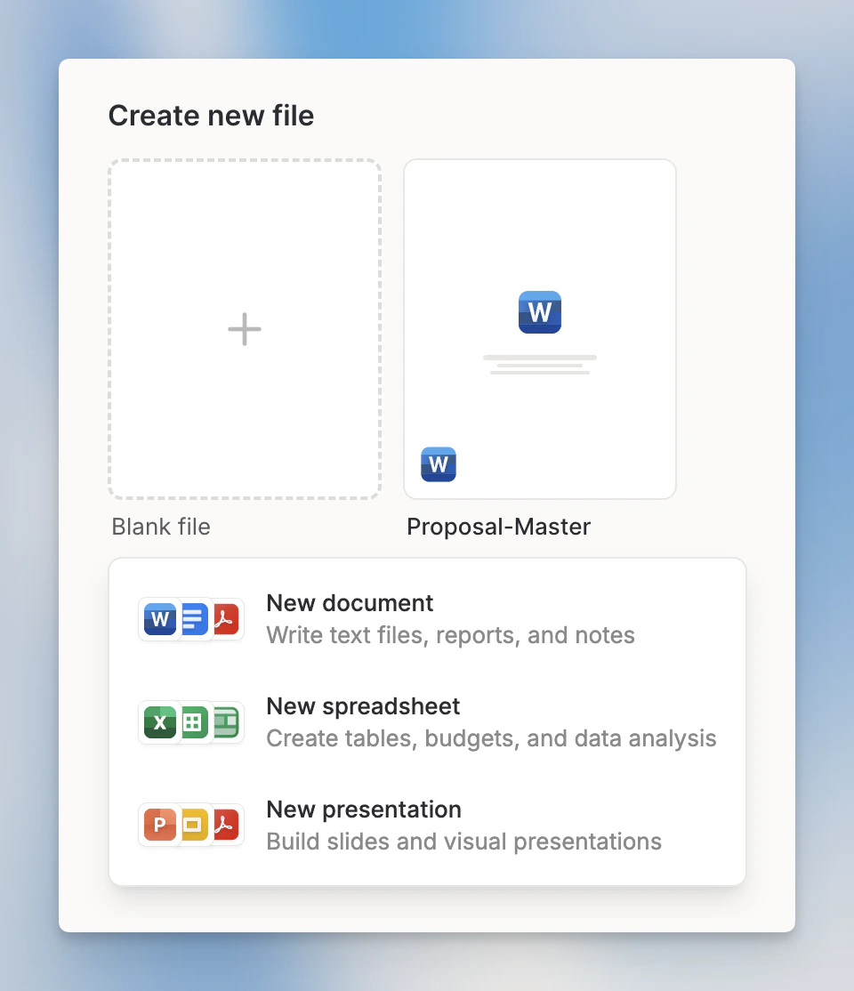 The Create New section showing Document, Spreadsheet, and Presentation options with a templates row below