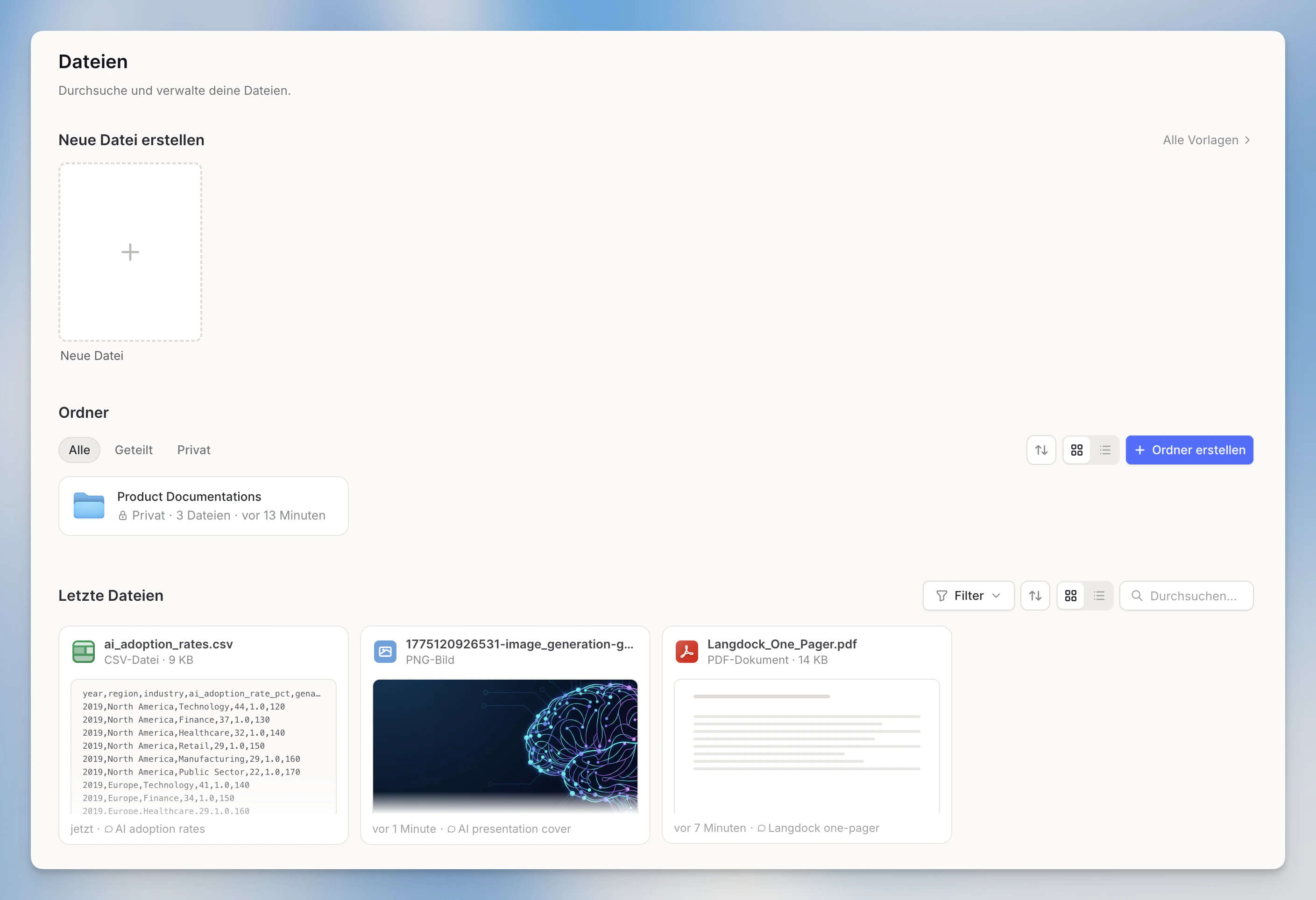 Die Dateien-Seite mit den Bereichen Neue Datei erstellen, Ordner und Letzte Dateien