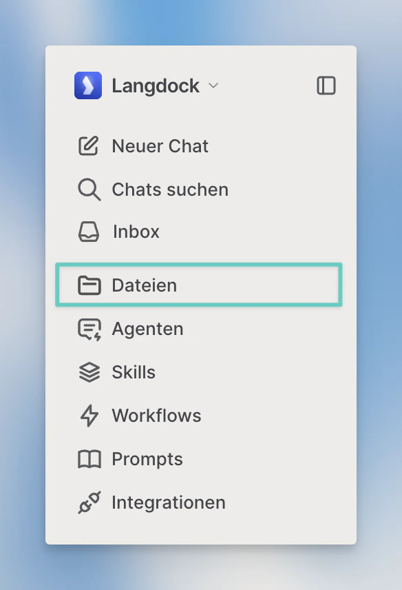 Die Langdock-Seitenleiste mit hervorgehobenem Dateien-Eintrag