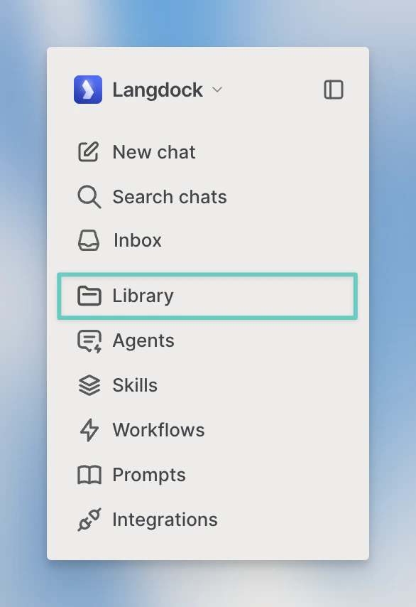 The Langdock sidebar with the Library item highlighted