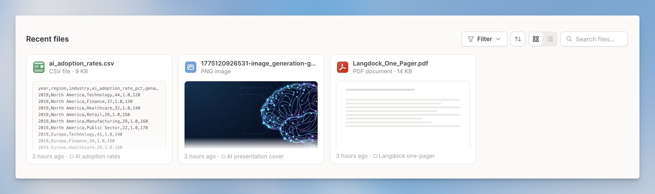 The Recent Files section inside the Library