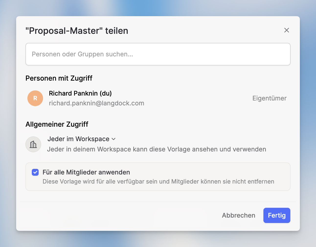 Teilen-Dialog für Vorlagen mit Nutzer- und Gruppensuche