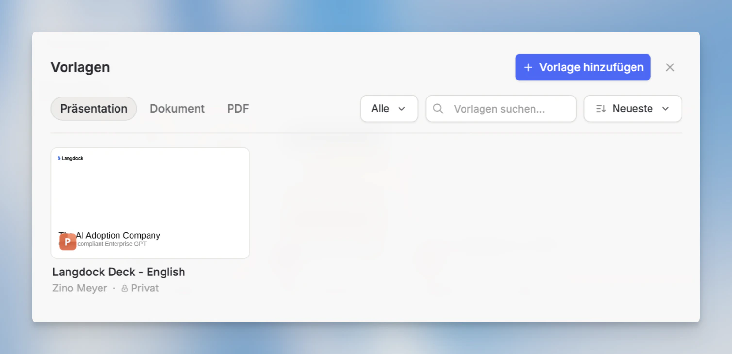 Die Vorlagengalerie mit einem Raster aus Vorlagen sowie Filter- und Sortieroptionen