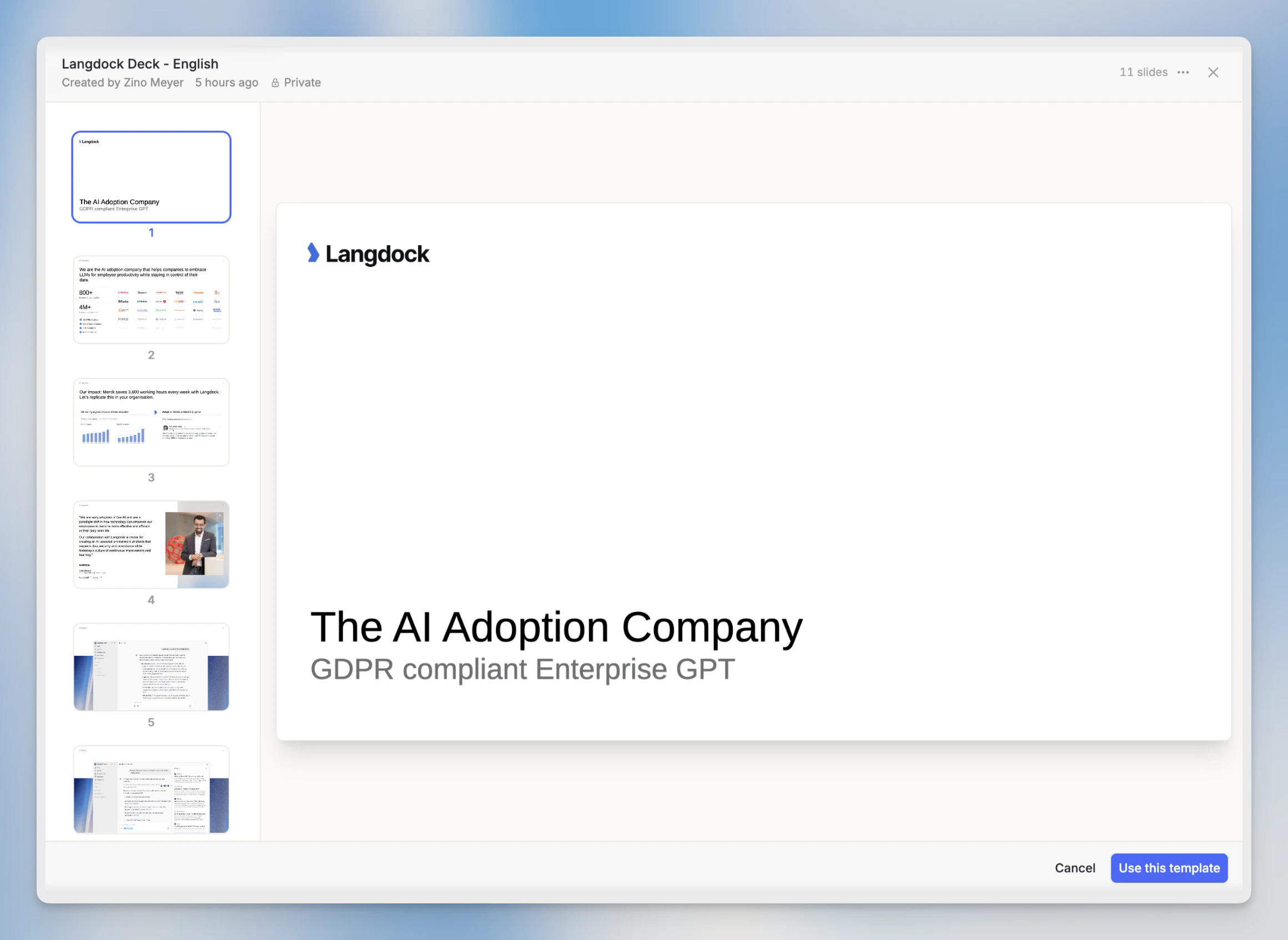 Full-screen template preview showing a slide carousel