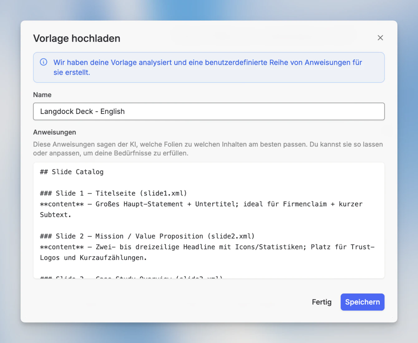 Der Schritt Vorlage hochladen mit Feldern für Name und Anweisungen