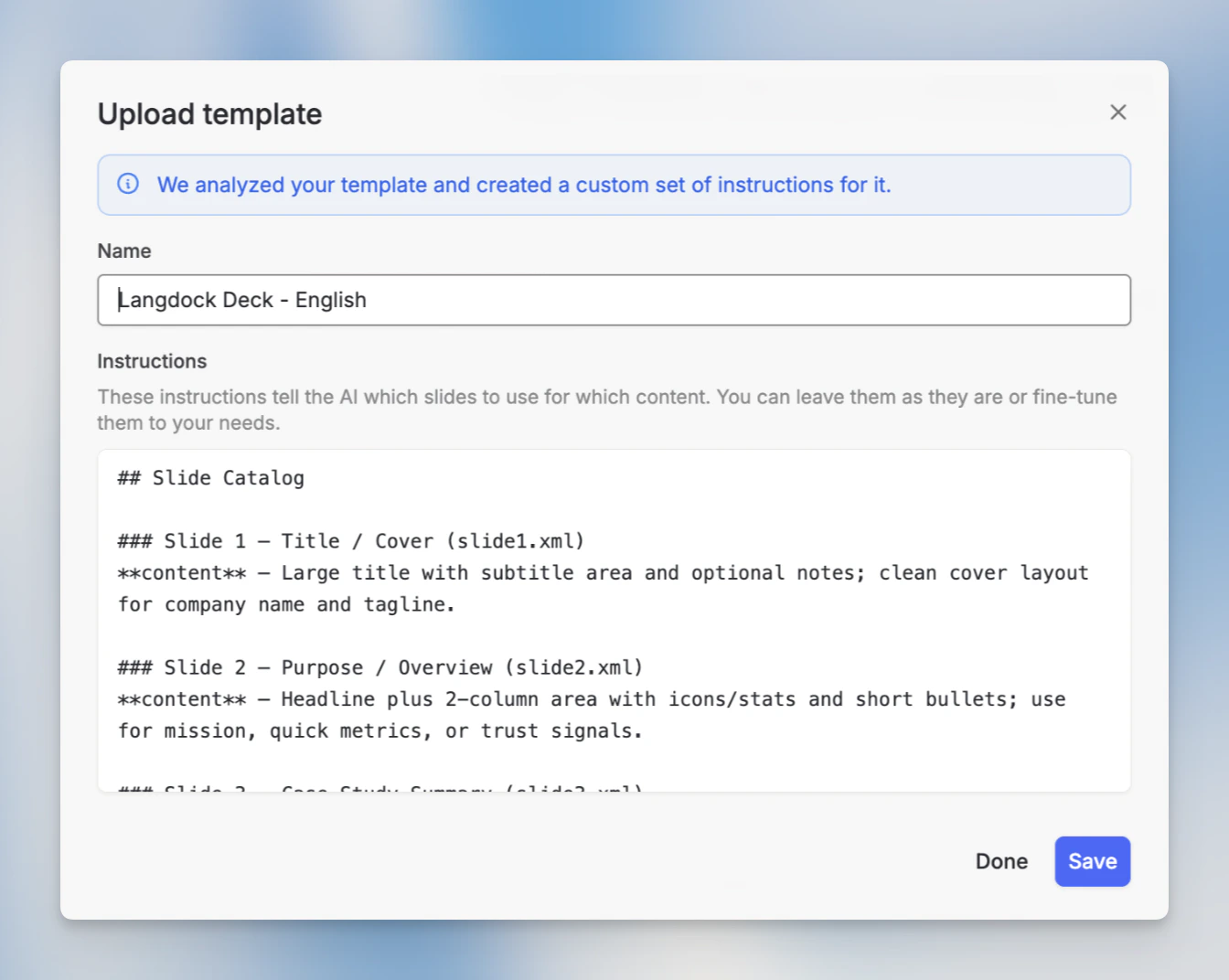 The upload review step showing extracted template name and instructions fields