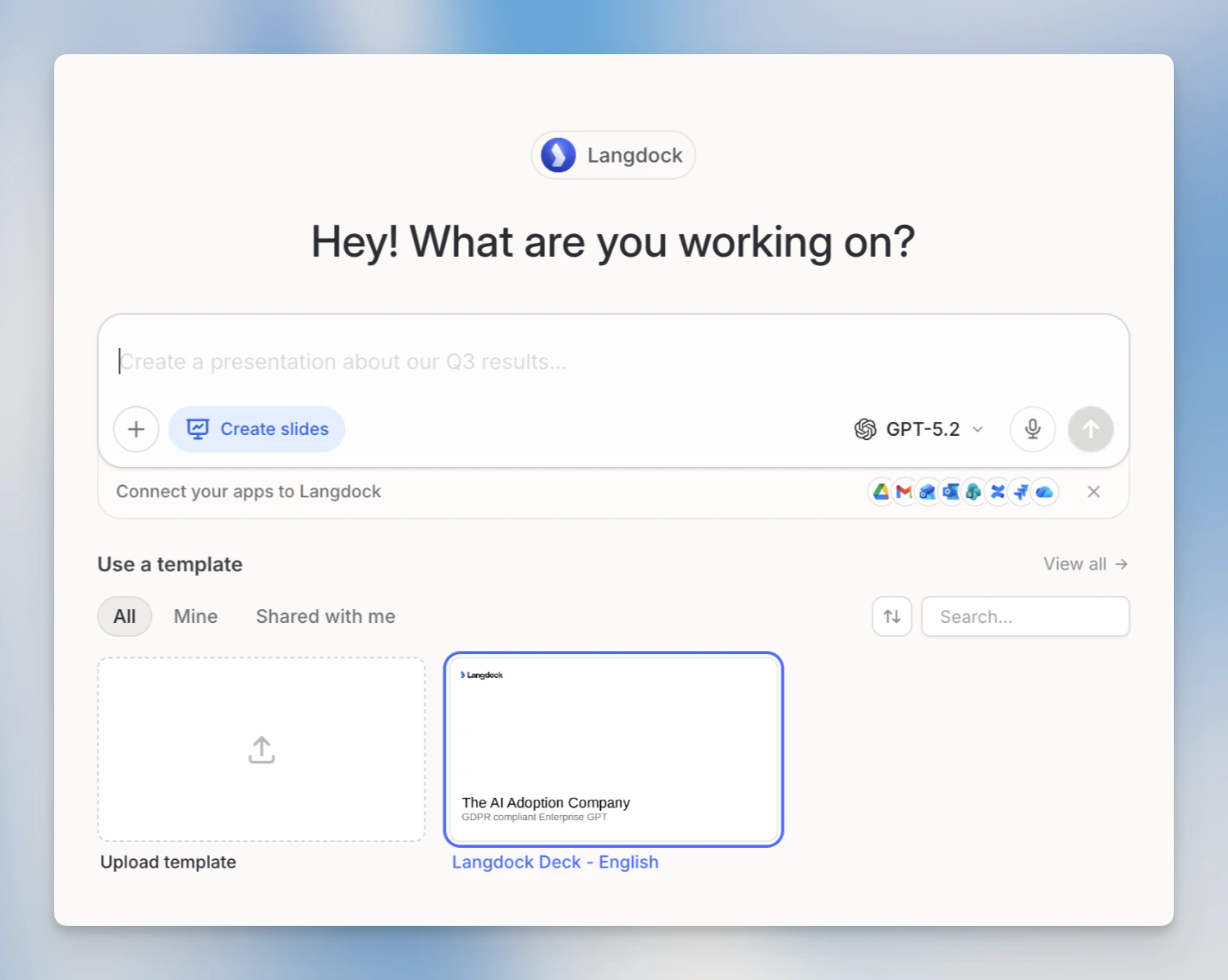 Chat mode with a template selected, showing the template name attached