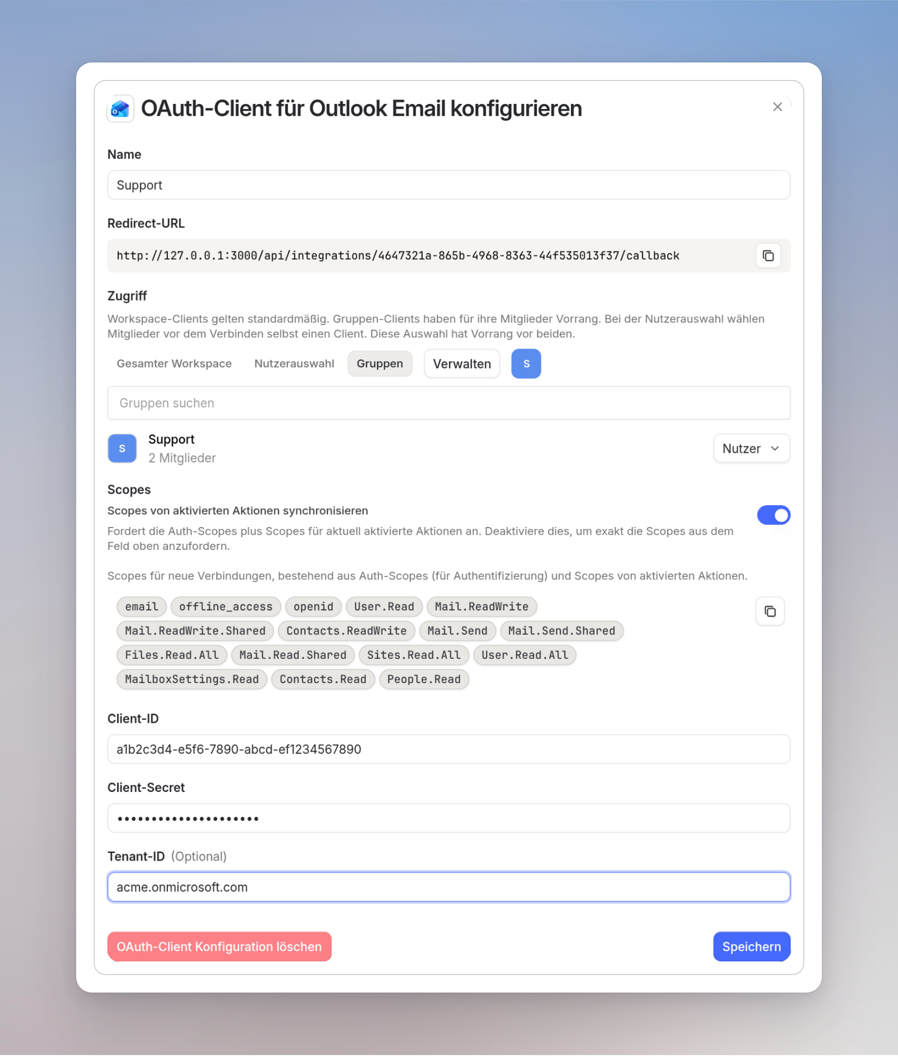 Zugriffseinstellungen des OAuth-Clients mit ausgewählten Nutzergruppen