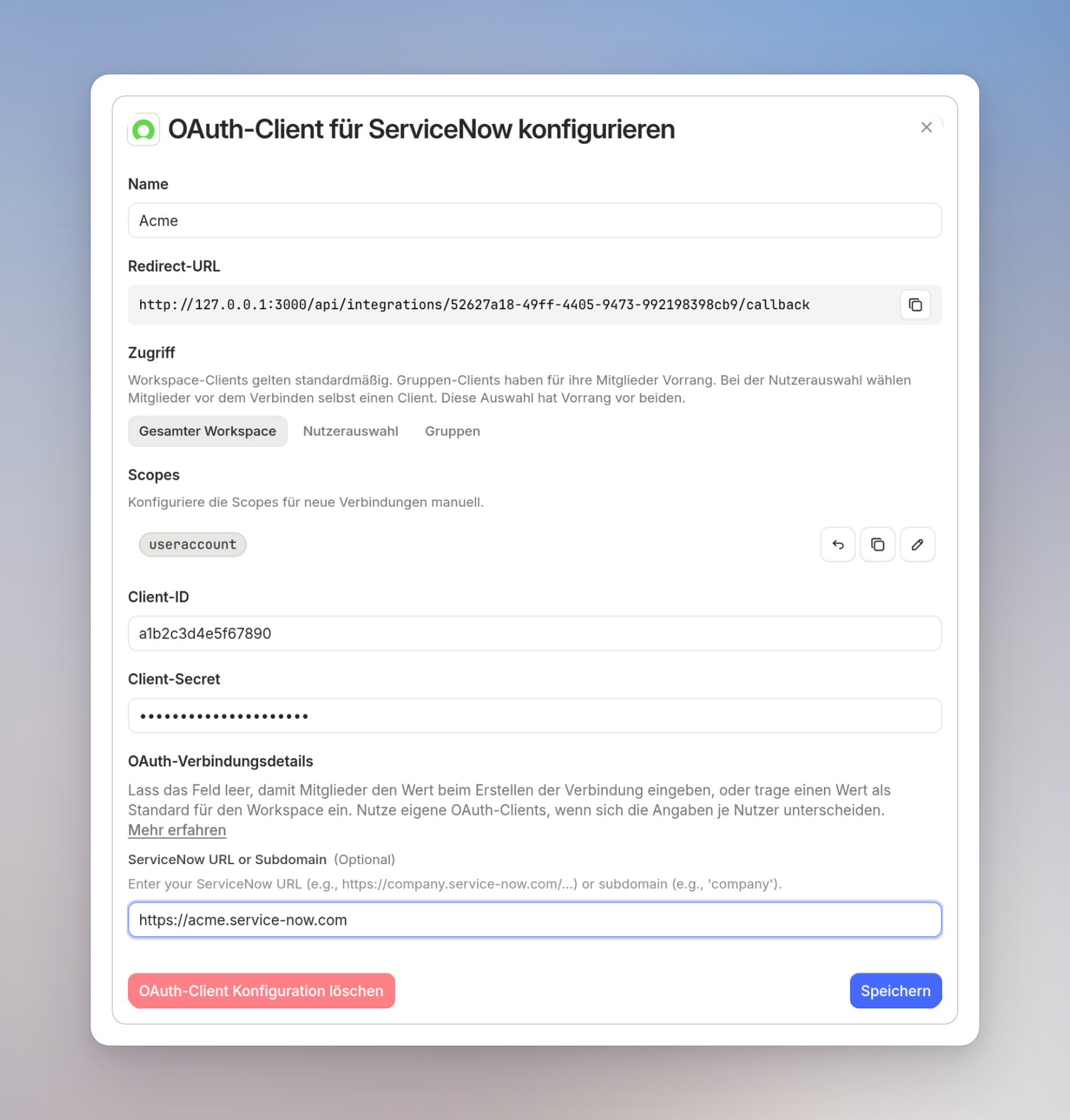Dialog zum Hinzufügen eines eigenen OAuth-Clients für ServiceNow, mit denselben optionalen OAuth-Verbindungsdetails
