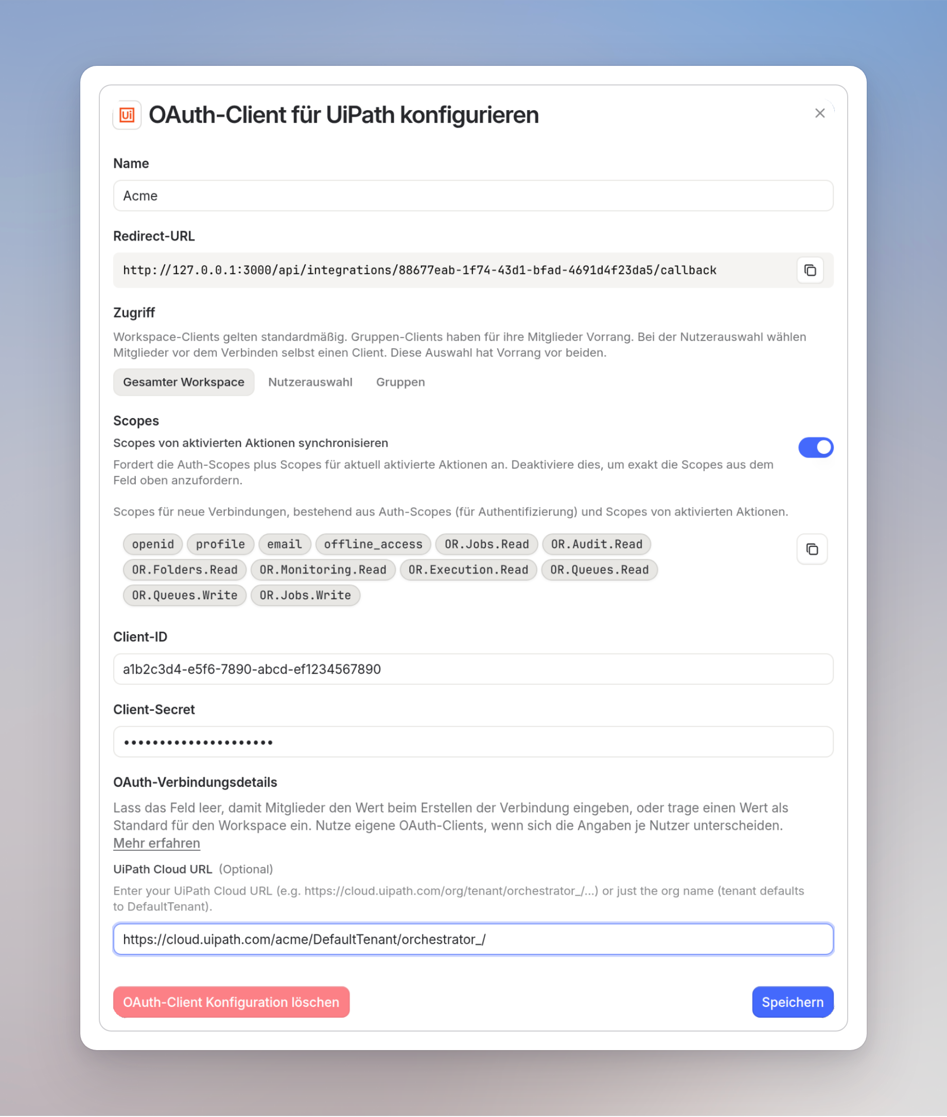 Dialog für den eigenen UiPath-OAuth-Client mit Cloud-URL-Standard https://cloud.uipath.com/acme/DefaultTenant/orchestrator_/