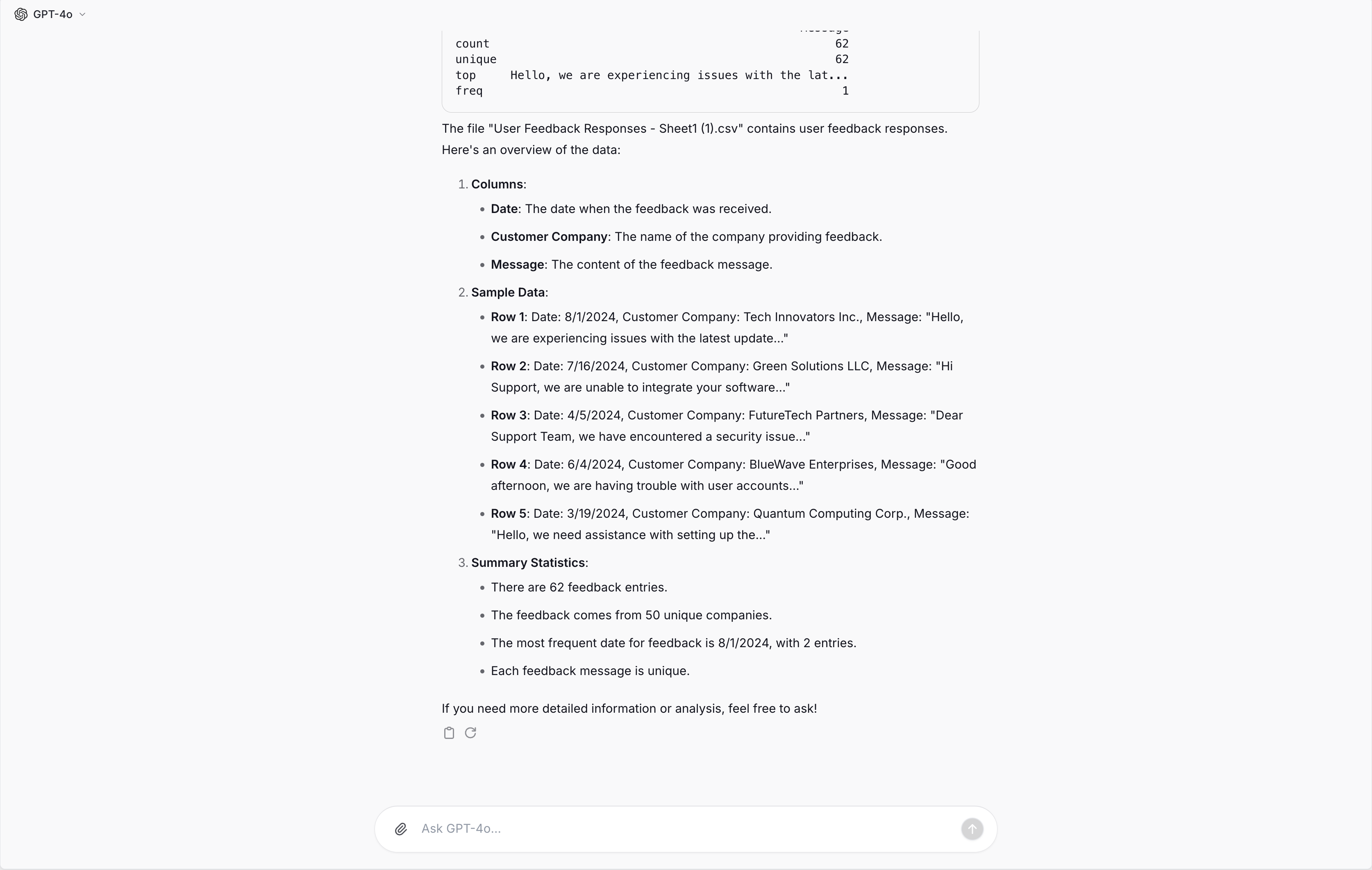 Text output from the user prompt and the attached data set