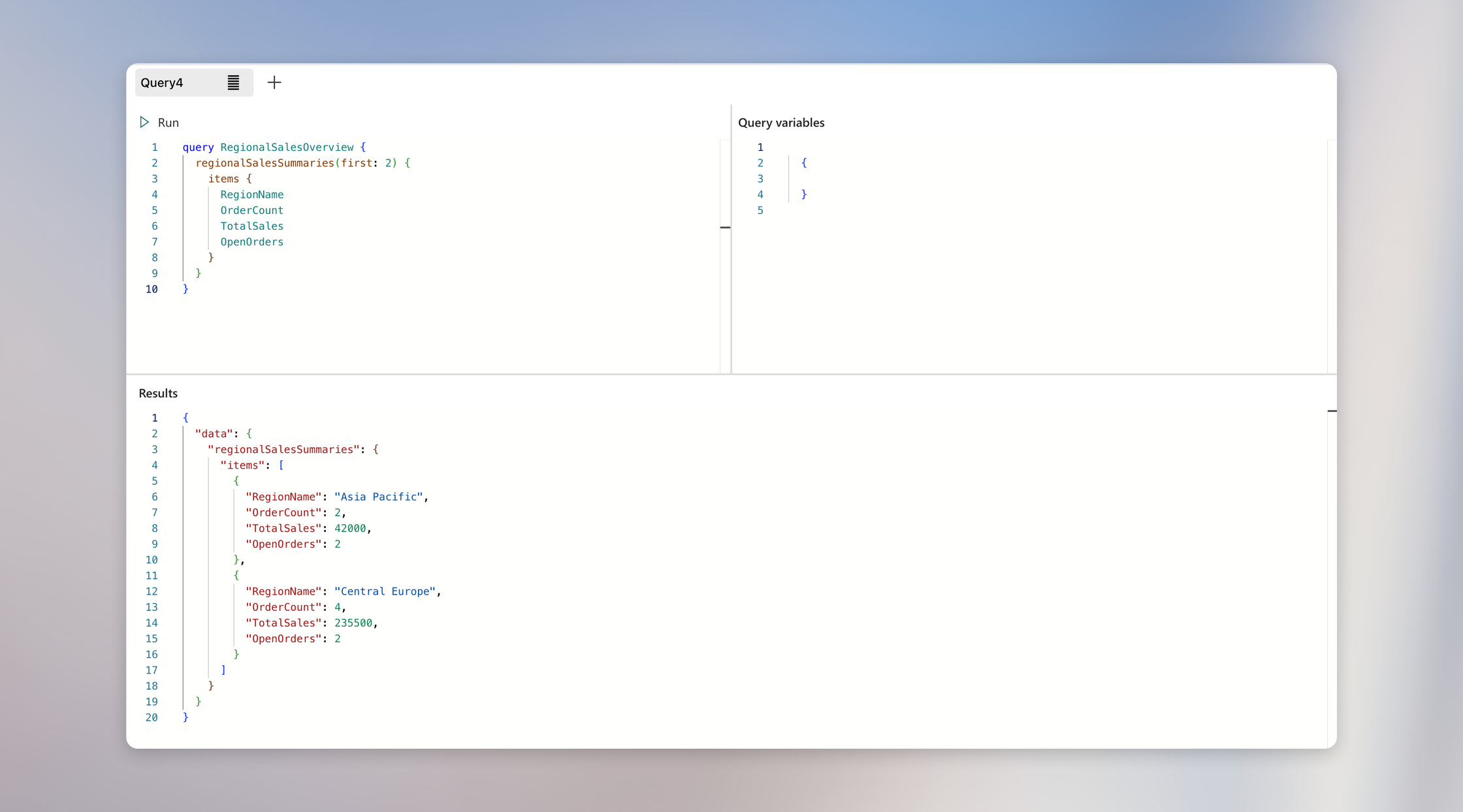 Microsoft Fabric GraphQL editor with a regional sales query and successful results