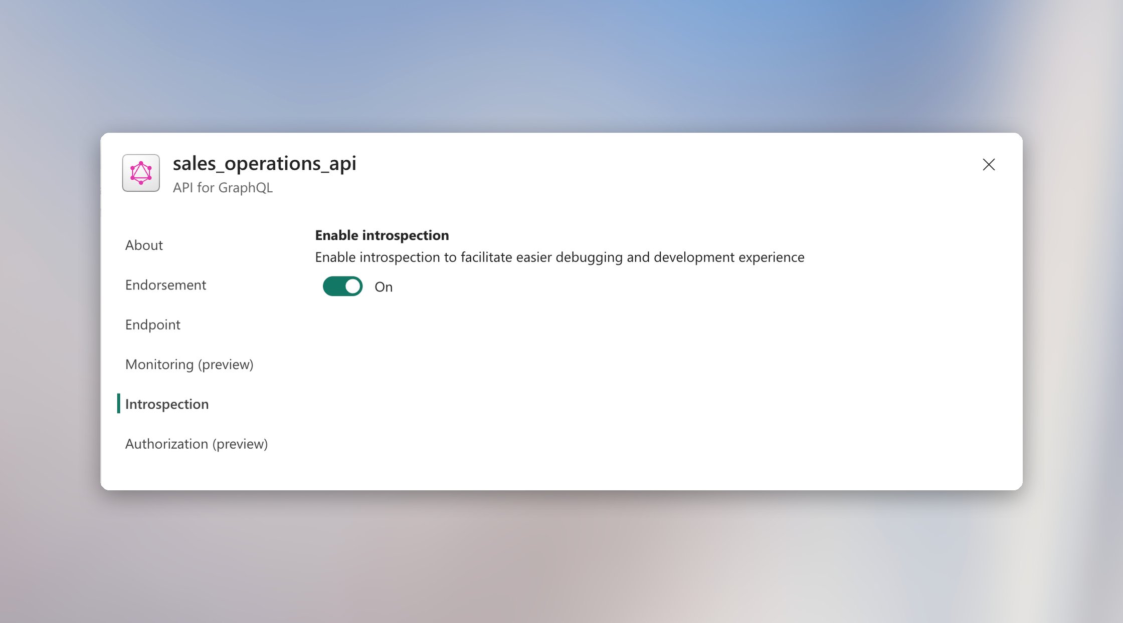 Introspection enabled in the settings for a Microsoft Fabric API for GraphQL