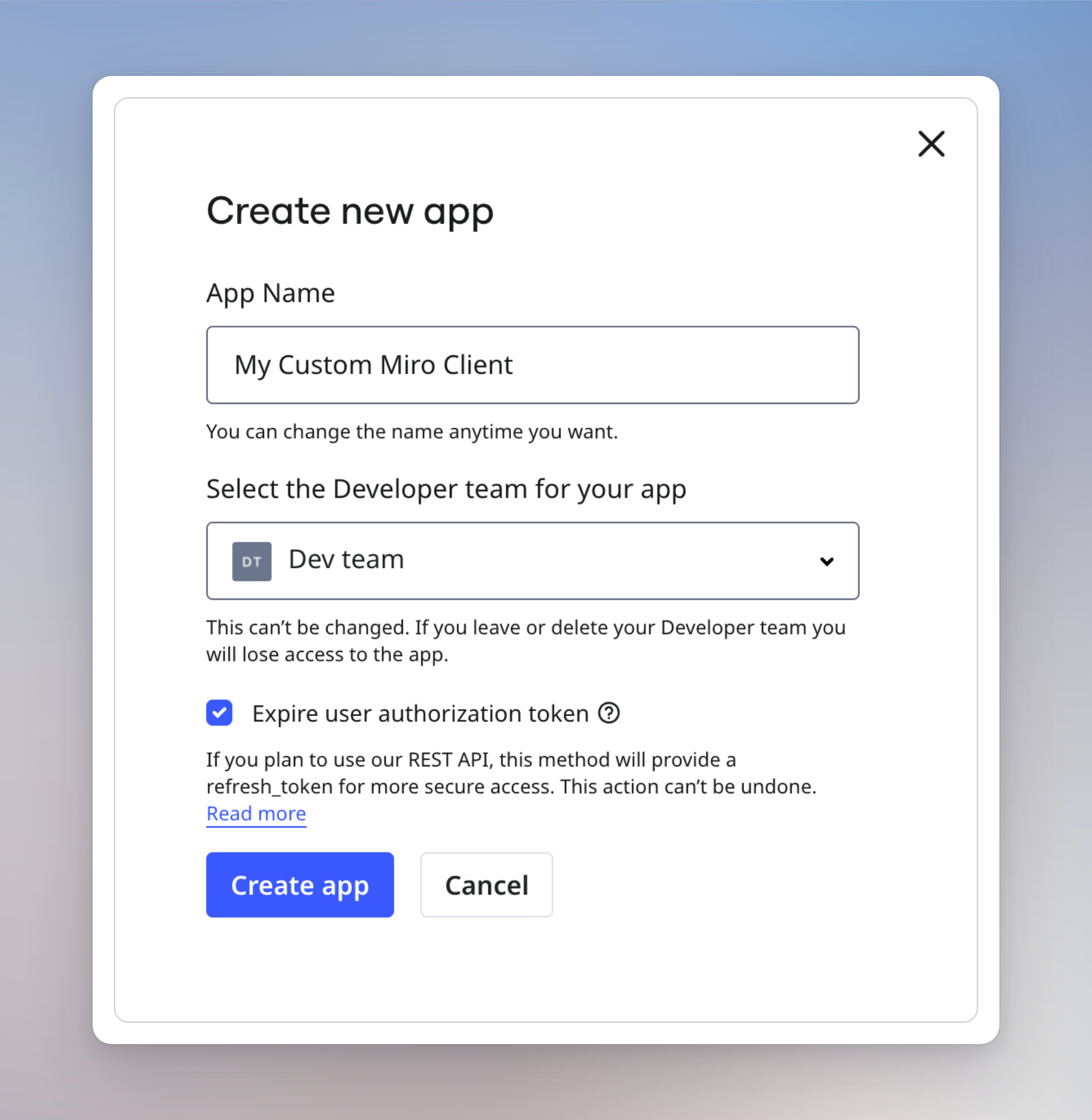 Miro-Dialog zum Erstellen einer neuen App mit aktivierter Checkbox Expire user authorization token