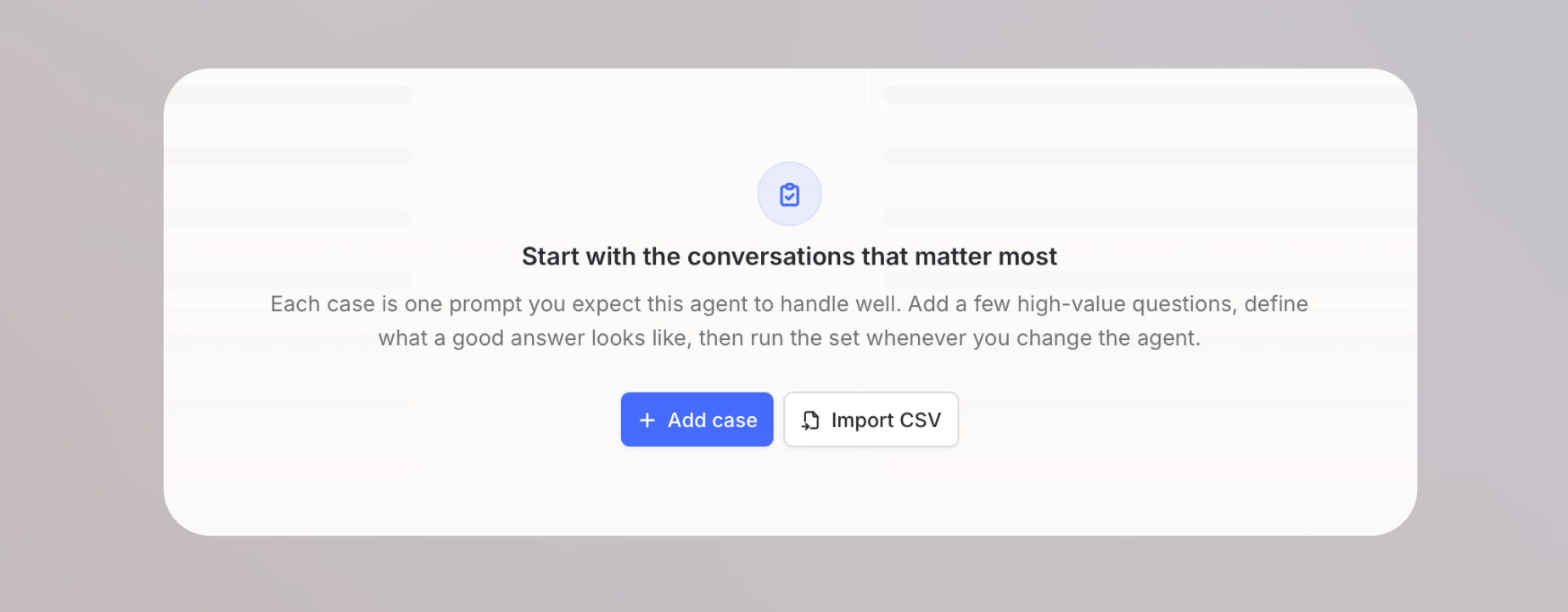 Empty test set page with Add case and Import CSV buttons