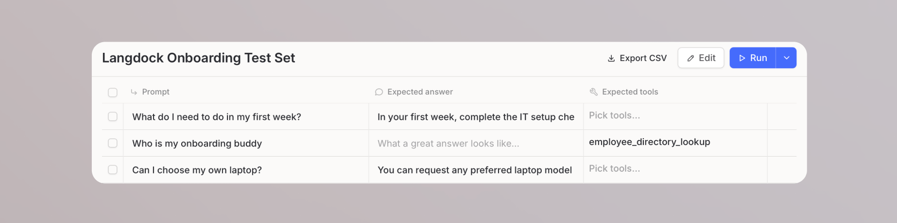 Test set with cases loaded showing prompts, expected answers, and expected tools columns with Export CSV, Edit, and Run buttons