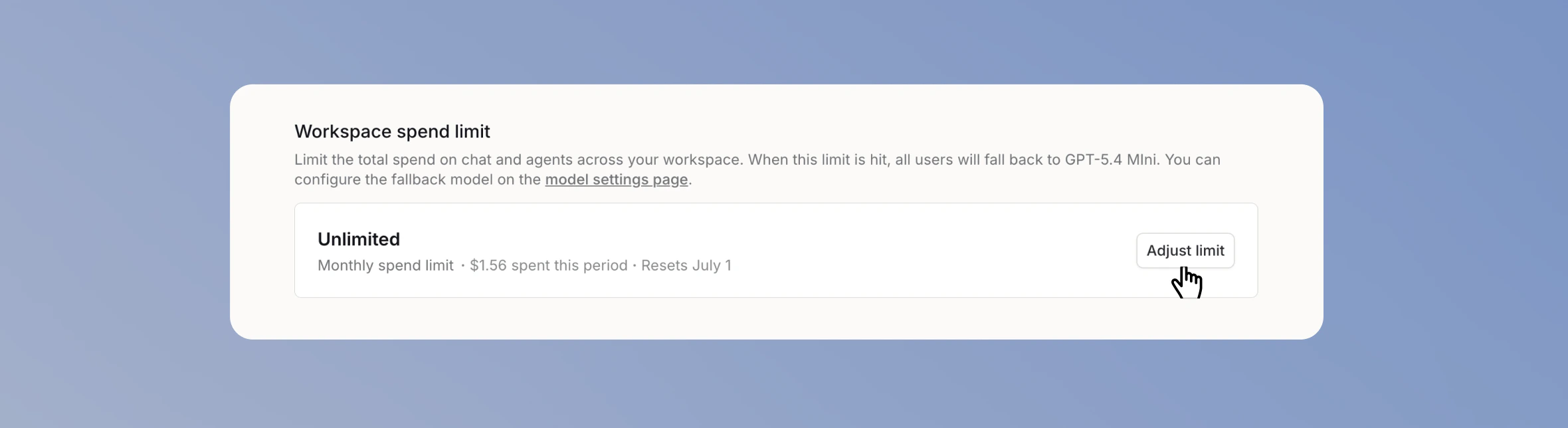 Workspace-Ausgabenlimit-Karte mit der Schaltfläche Limit anpassen