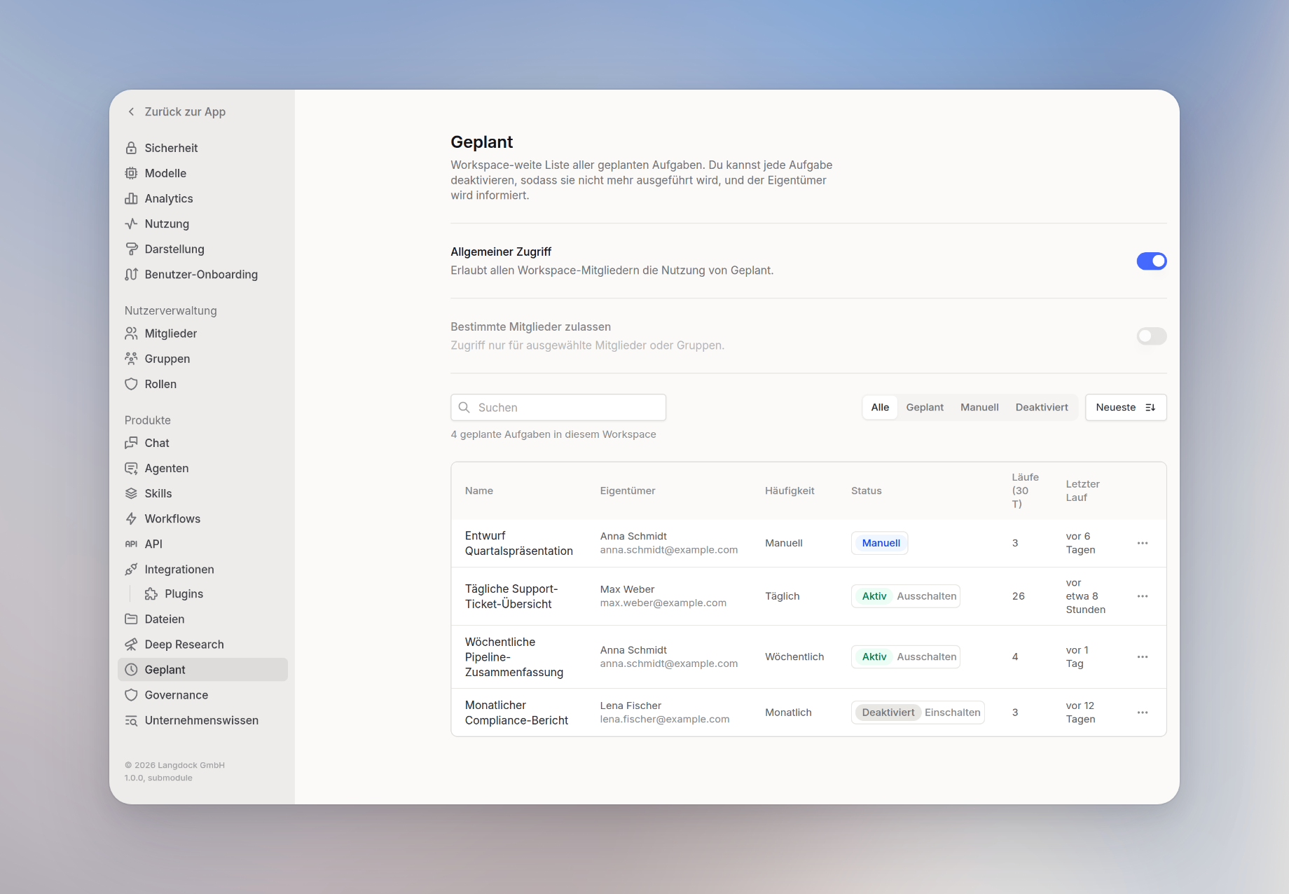 Workspace Einstellungen für Geplant mit der Aufgabenübersicht des Workspaces