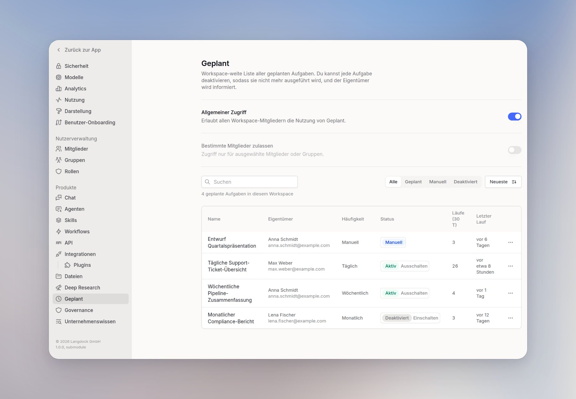 Workspace Einstellungen für Geplant mit der Aufgabenübersicht des Workspaces