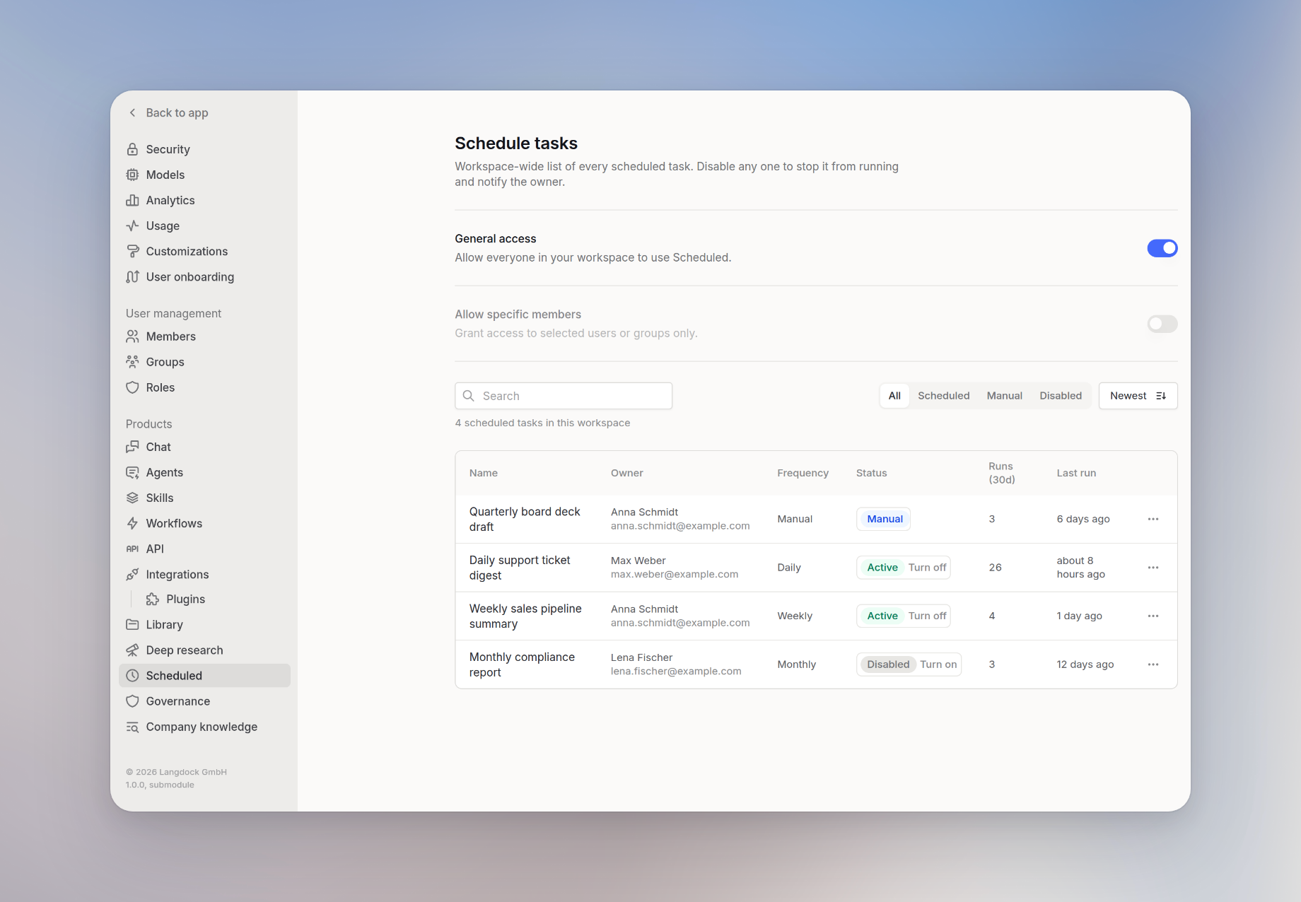 Scheduled workspace settings with the workspace-wide task table