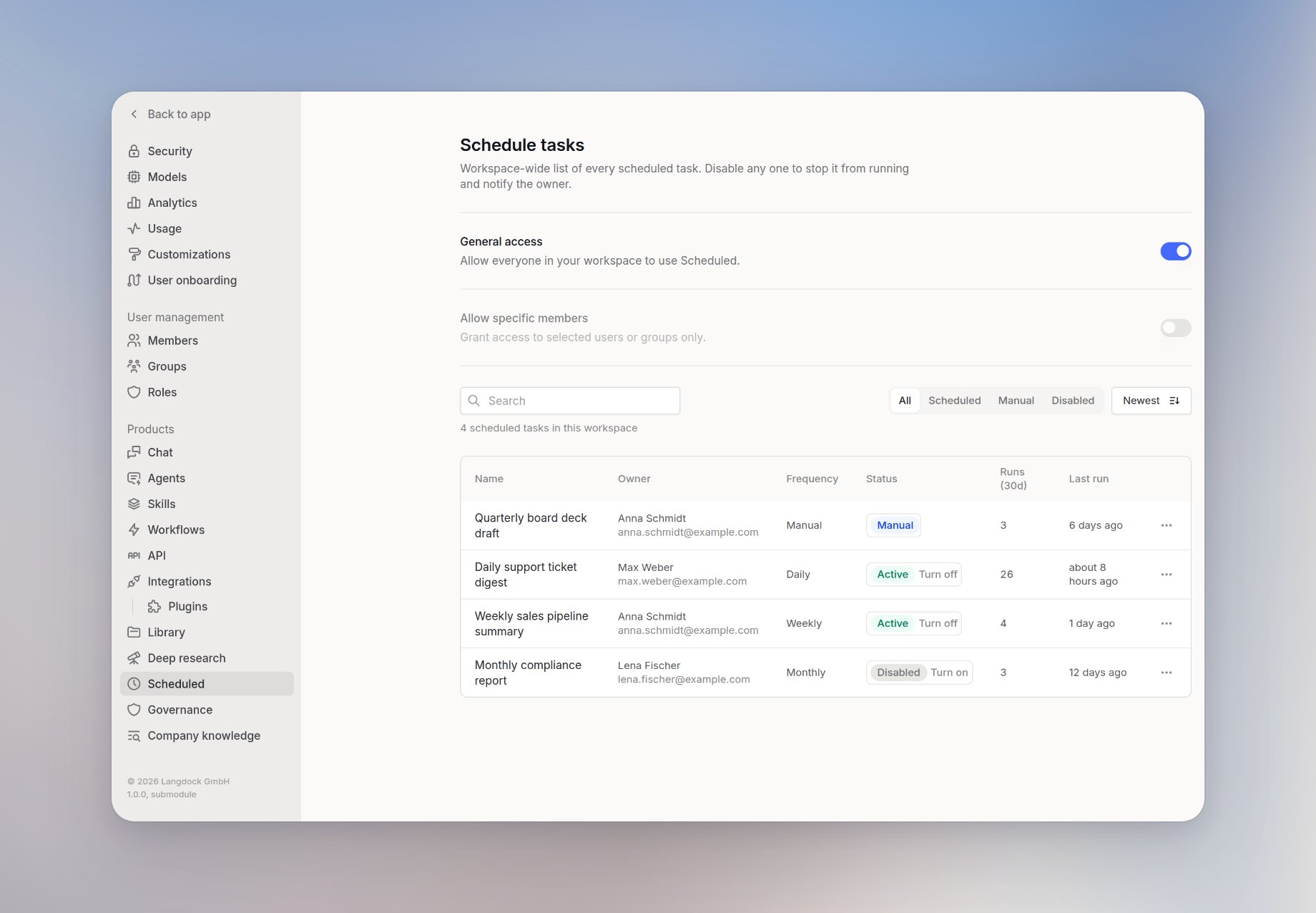 Scheduled workspace settings with the workspace-wide task table