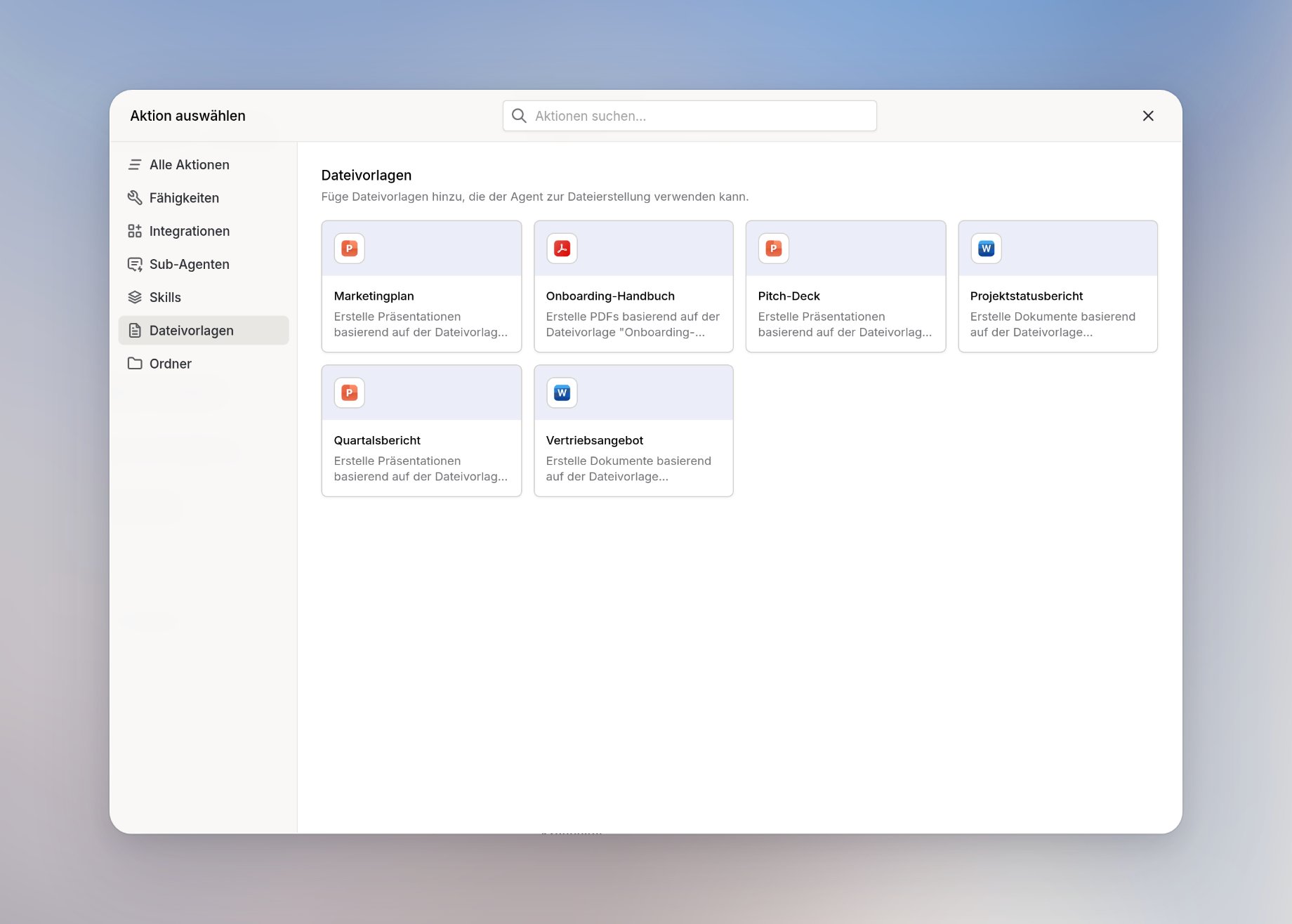 Der Dialog Aktion auswählen im Agenten-Editor mit geöffnetem Tab Dateivorlagen
