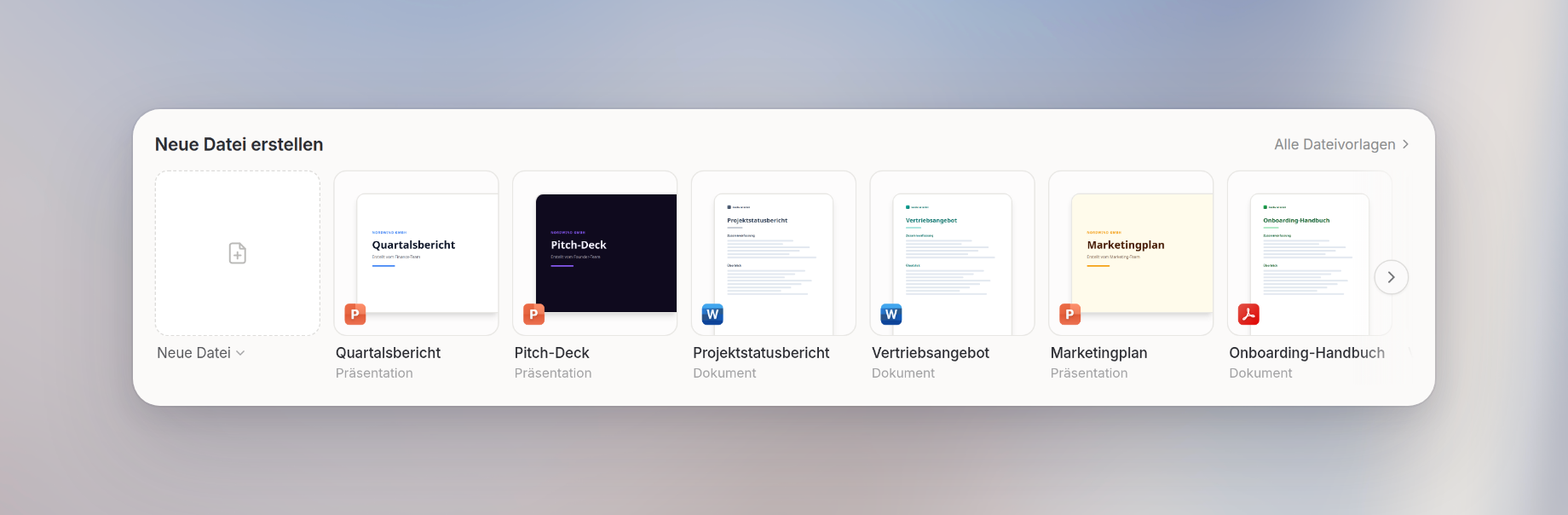 Der Bereich Neue Datei erstellen in Dateien mit Vorlagenkarten und dem Button Alle Dateivorlagen