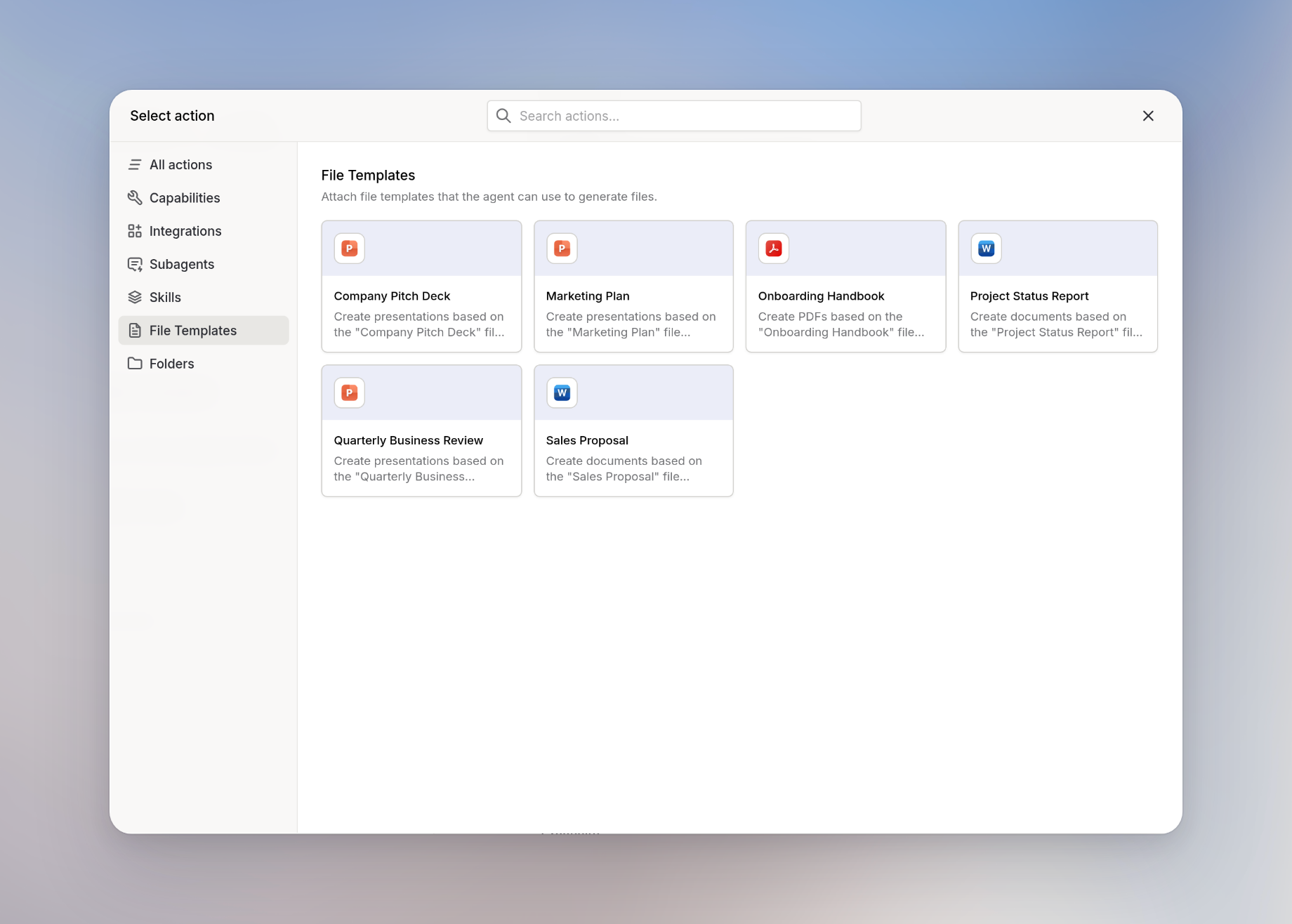 The Select action dialog in the agent editor with the File Templates tab open