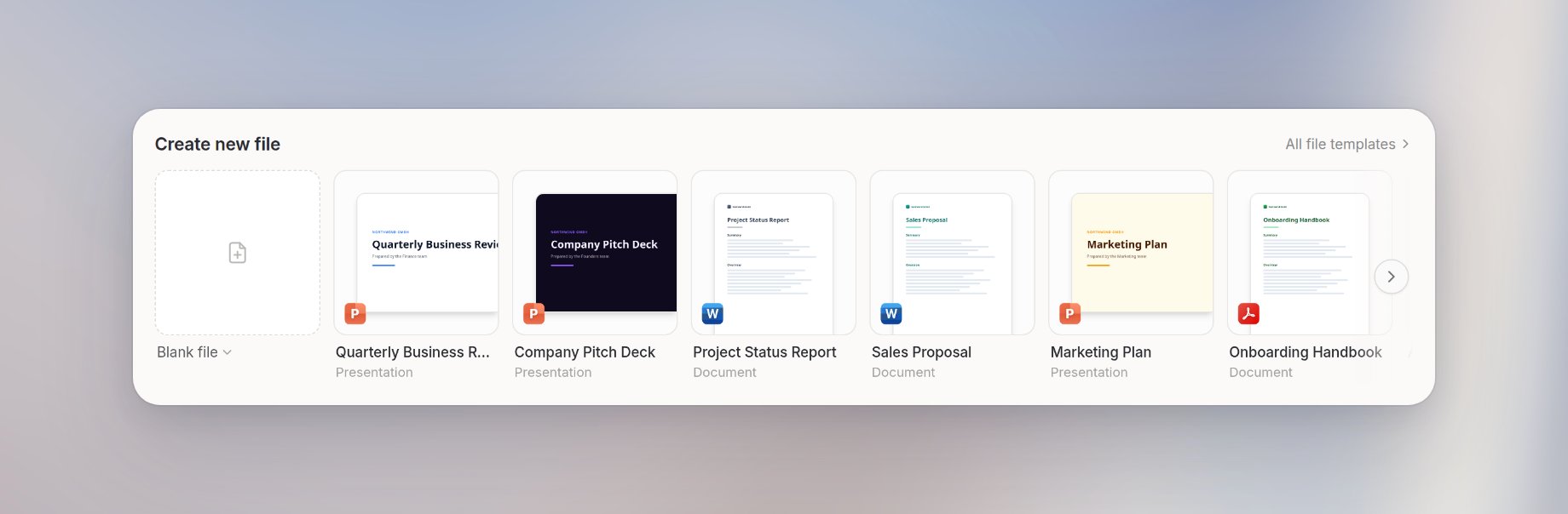 The Create new file section in the Library with template cards and the All file templates button