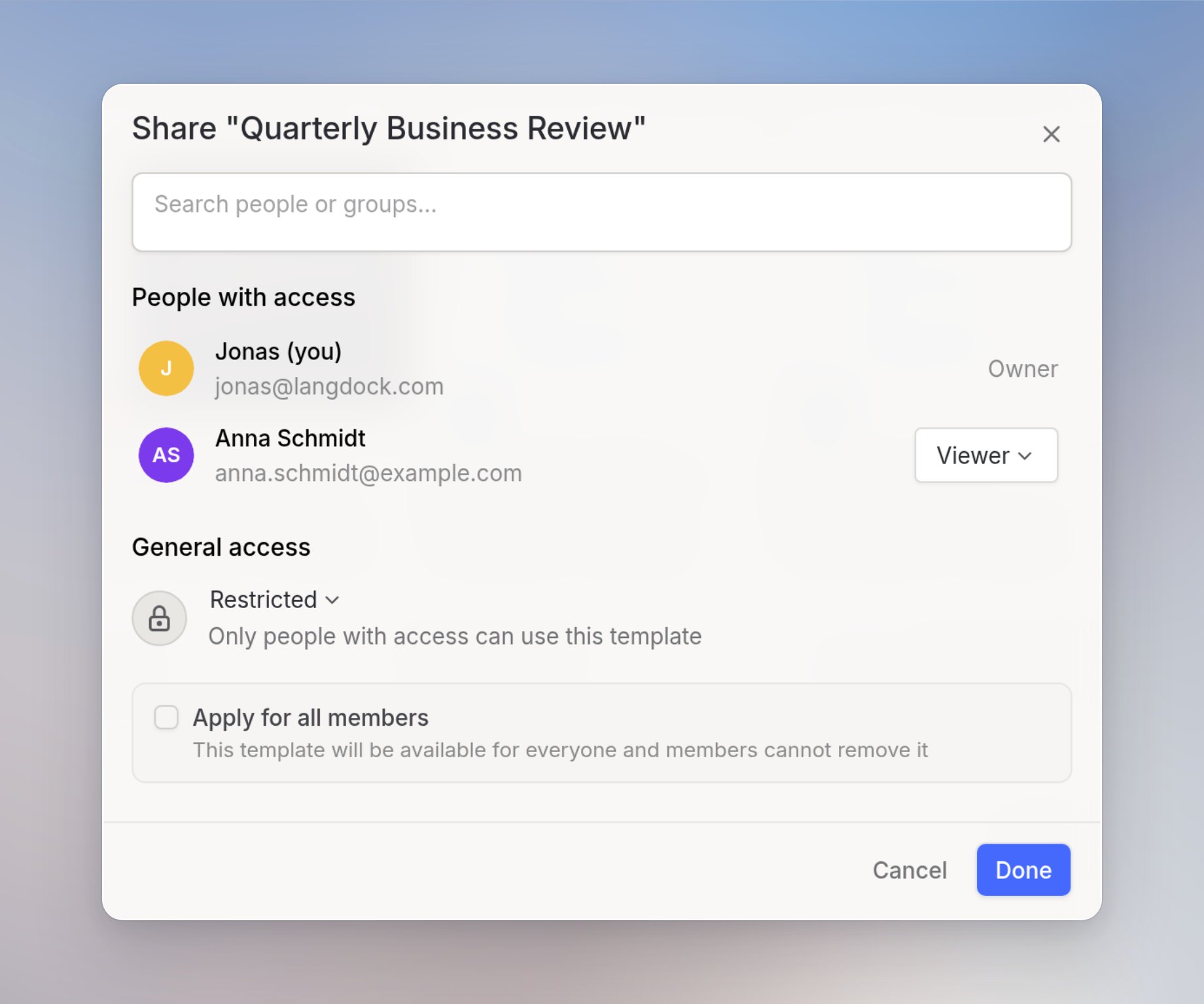 The template share dialog with people search, People with access list, and General access set to Restricted
