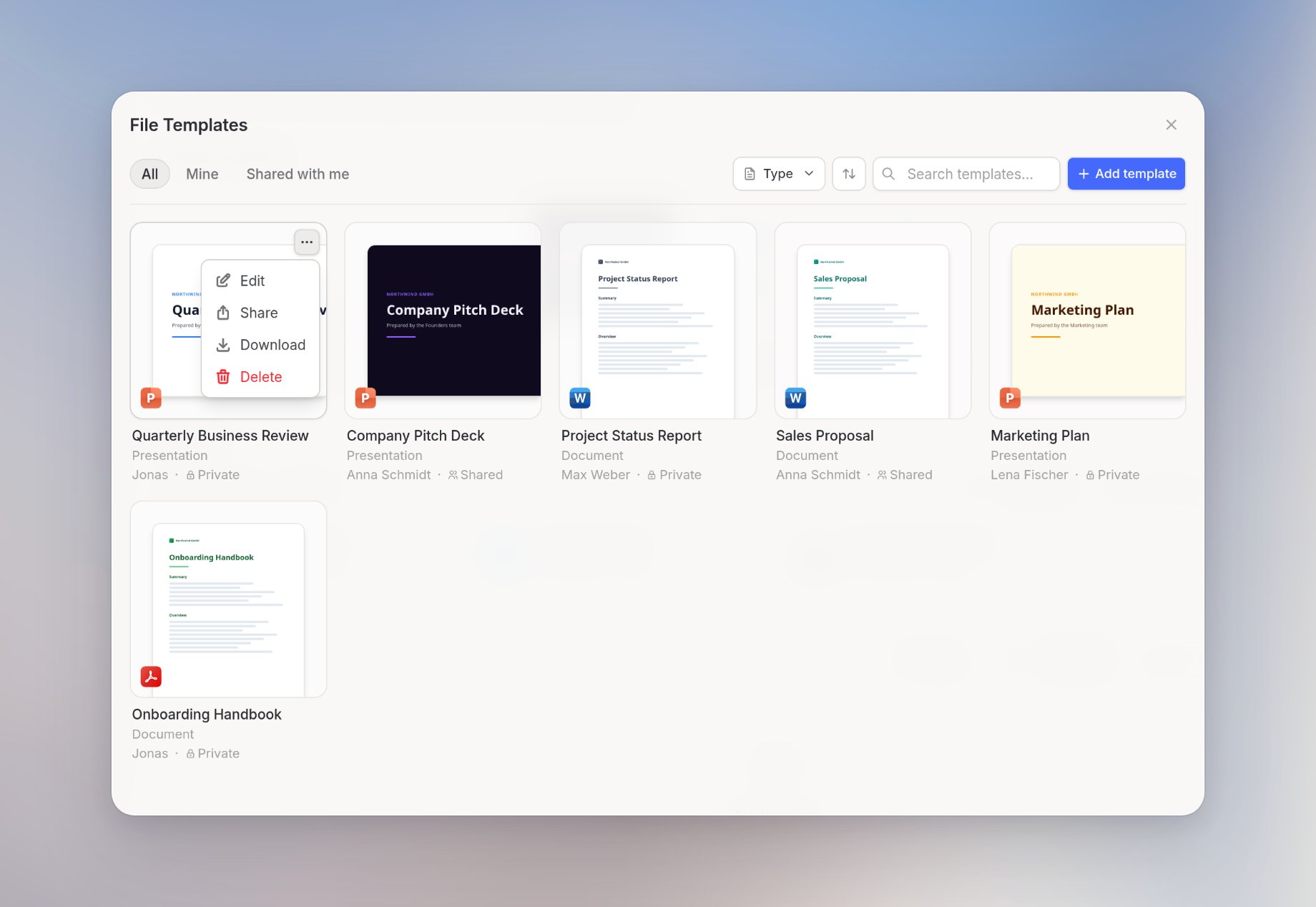 A template card in the gallery with its context menu open, showing Edit, Share, Download, and Delete