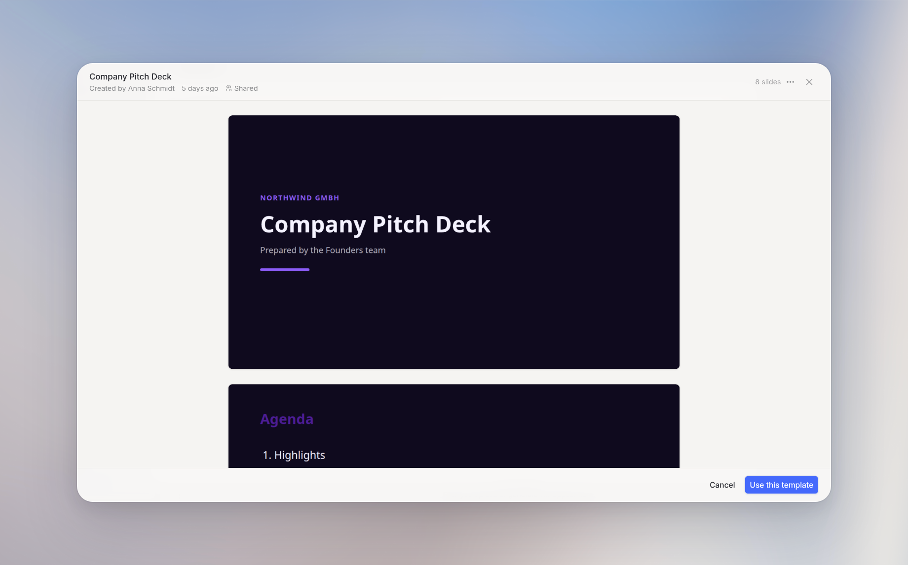 Full-screen template preview showing the slides of a template and the Use this template button