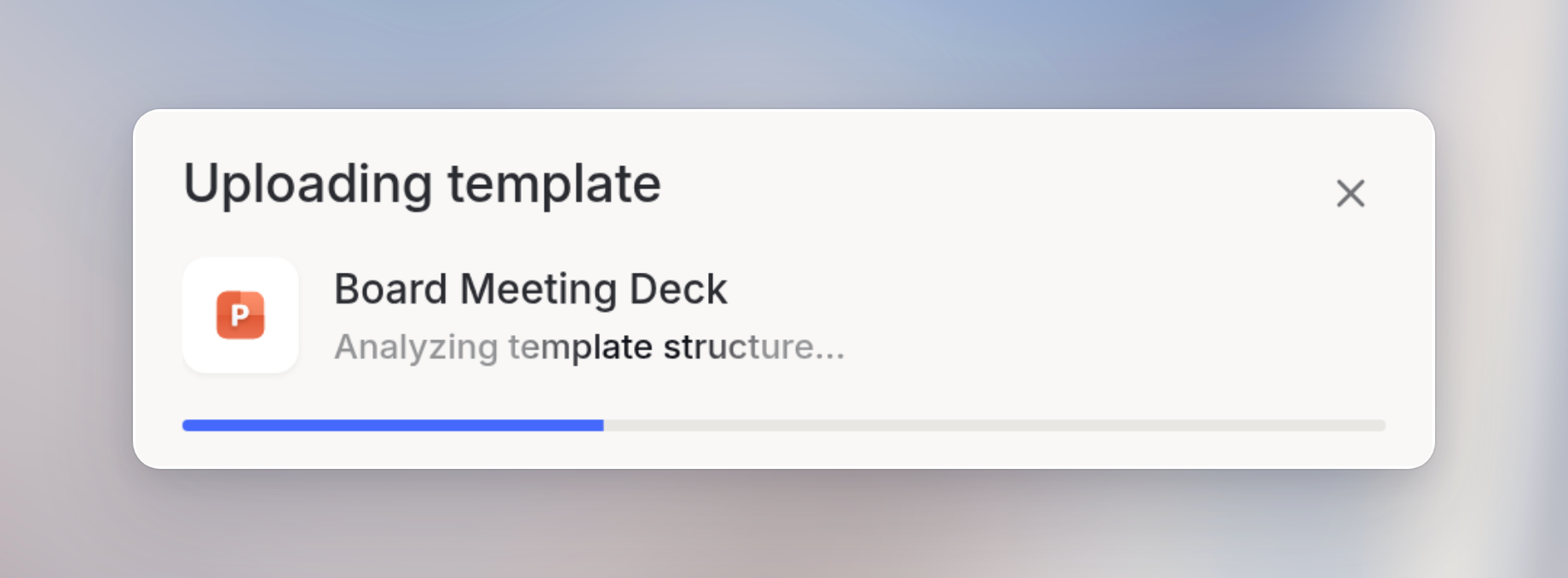 The upload dialog during analysis with a status message and progress bar