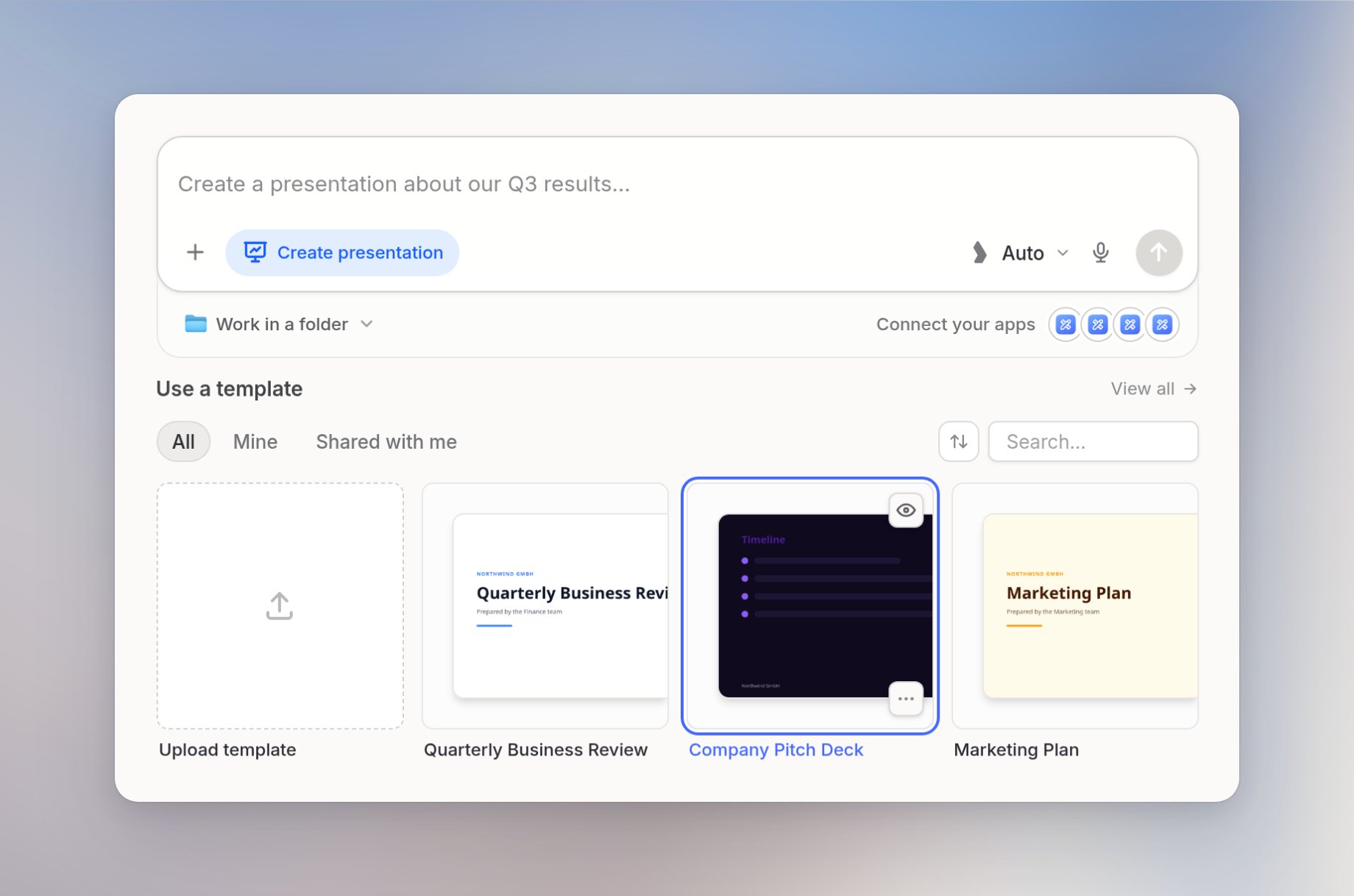 A new chat in Create presentation mode with the Use a template section below the input and one template selected