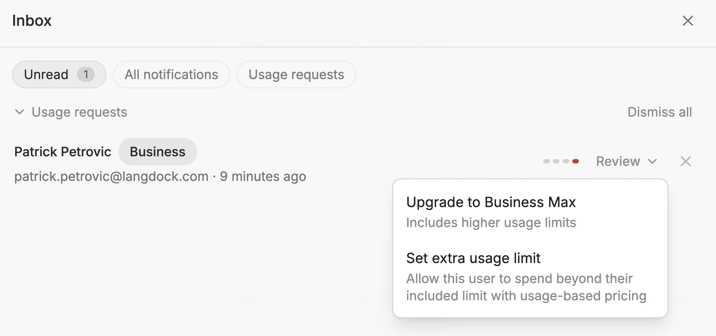 Admin inbox showing a usage request with the Review action dropdown open, offering Upgrade to Business Max and Set extra usage limit