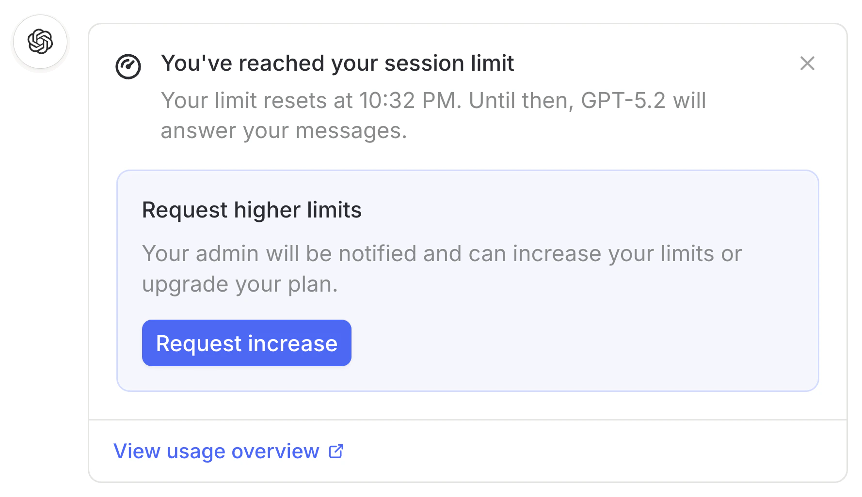 Limit-reached prompt in chat with a request button that notifies the admin