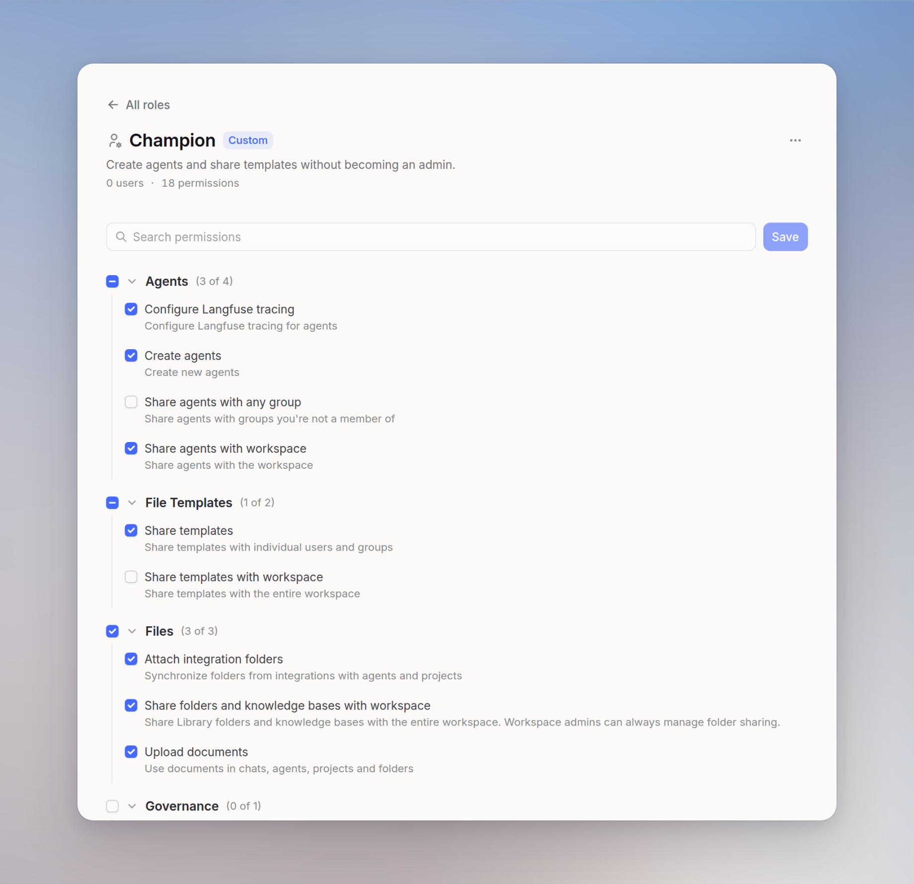 Champion custom role page with permissions grouped by area and toggles for agents, workflows, and templates