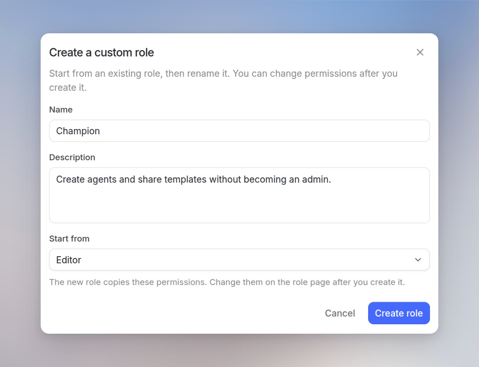 Create a custom role dialog with Name set to Champion, a description, and Start from Editor