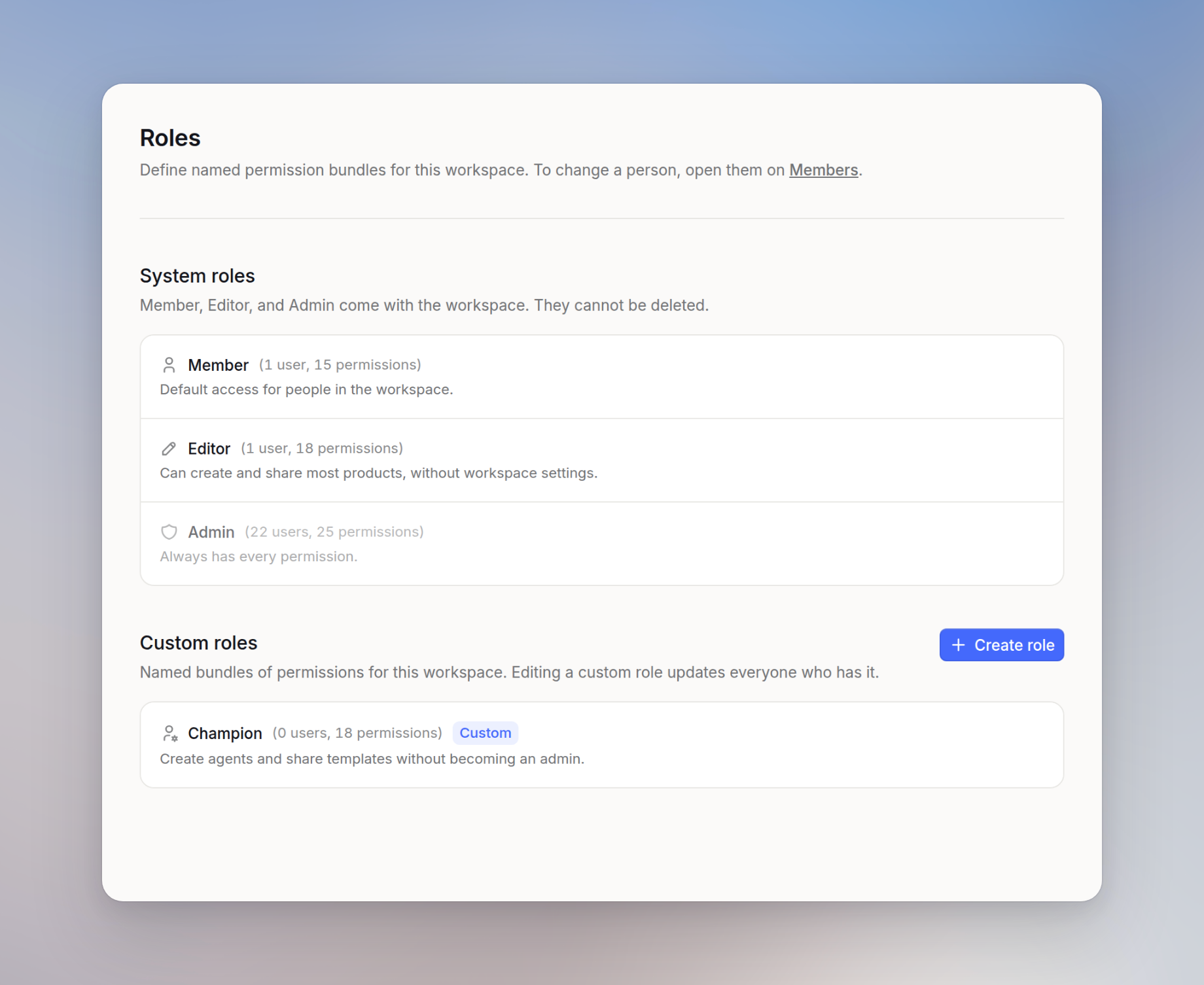 Roles settings with system roles listed and a Create role button in the Custom roles section