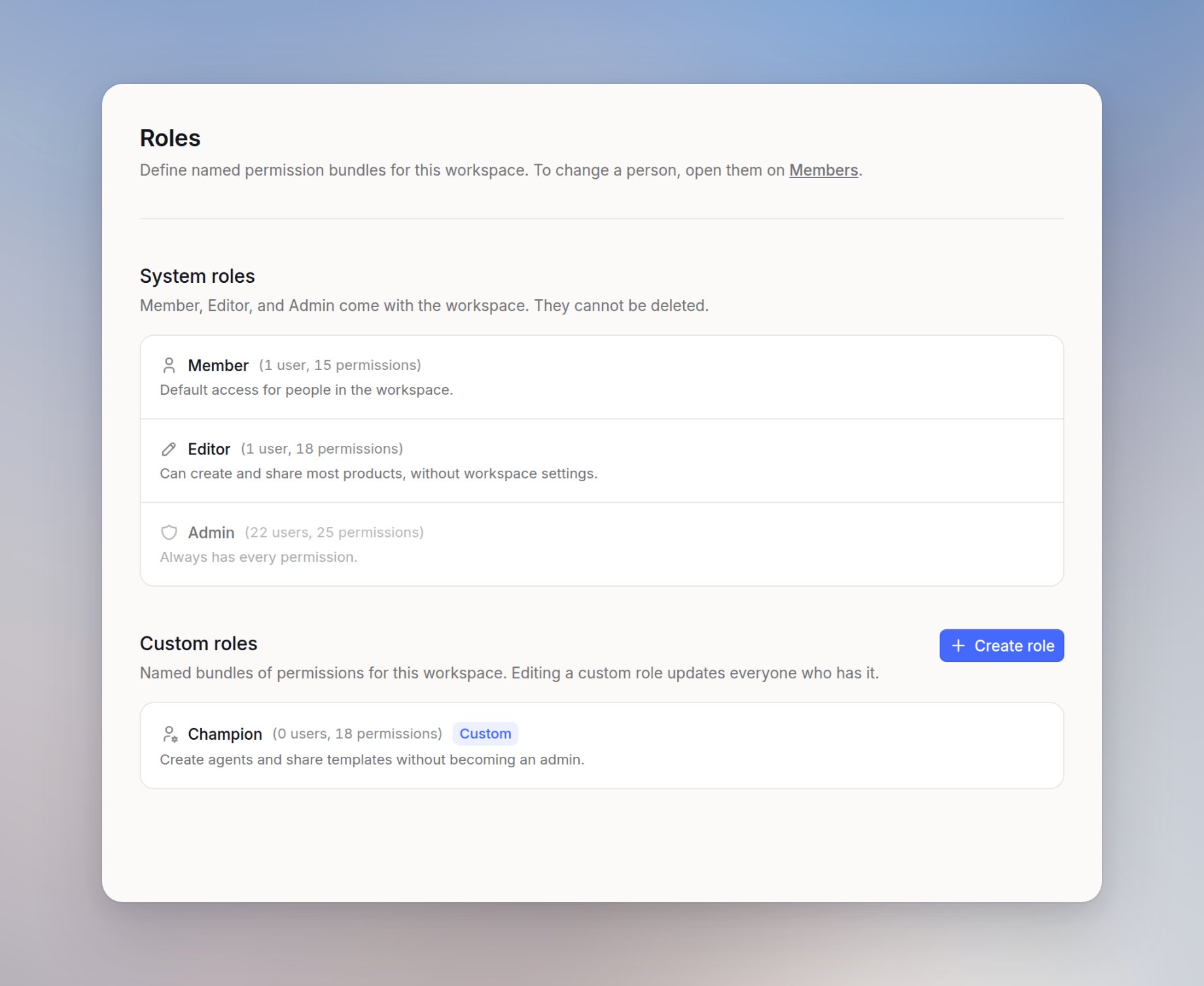 Roles settings with system roles listed and a Create role button in the Custom roles section